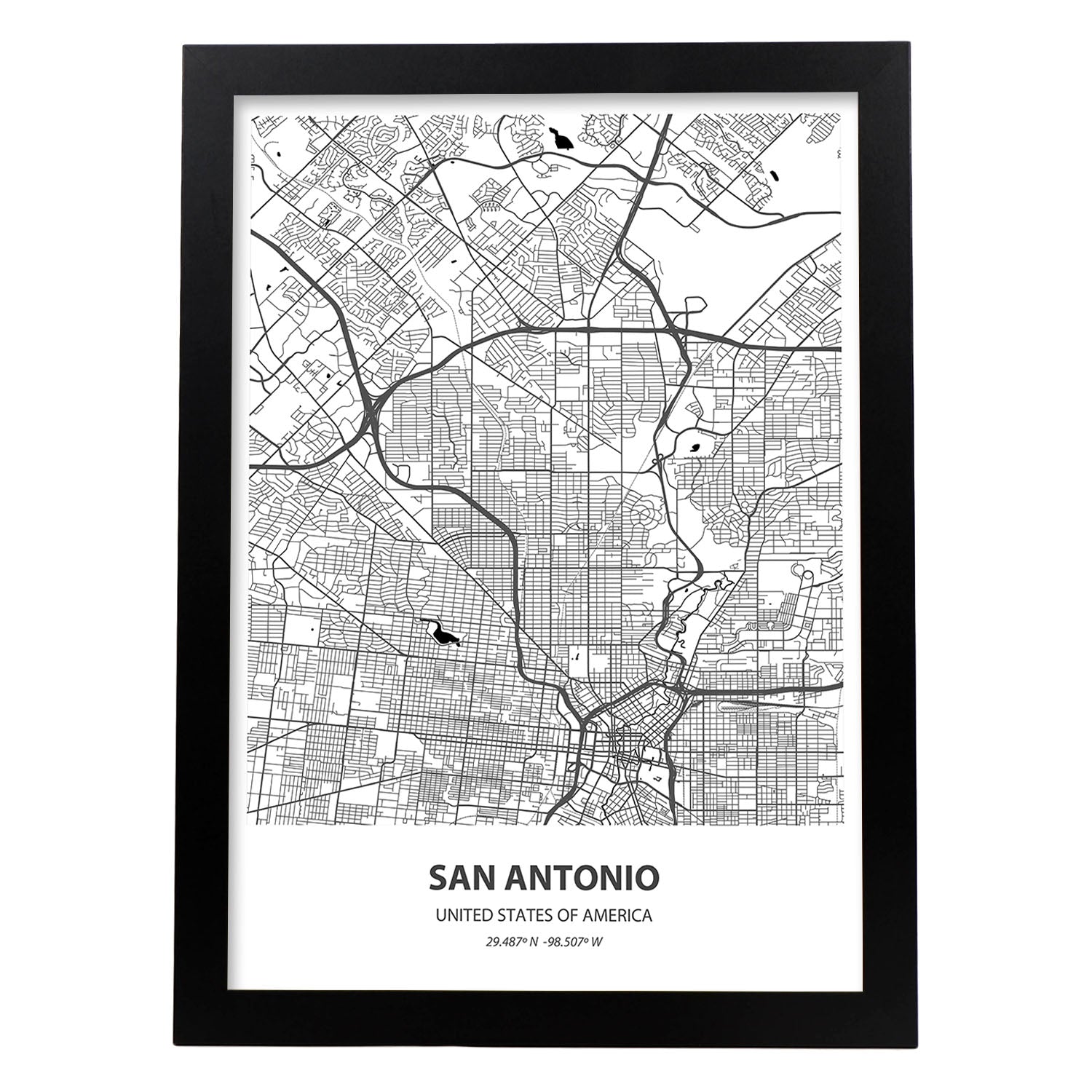 Poster con mapa de San Antonio - USA. Láminas de ciudades de Estados Unidos con mares y ríos en color negro.-Artwork-Nacnic-A3-Marco Negro-Nacnic Estudio SL