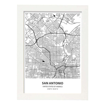Poster con mapa de San Antonio - USA. Láminas de ciudades de Estados Unidos con mares y ríos en color negro.-Artwork-Nacnic-A4-Marco Blanco-Nacnic Estudio SL