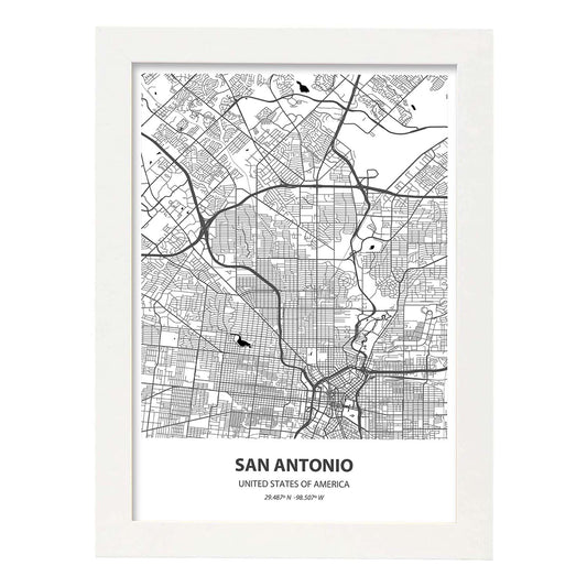 Poster con mapa de San Antonio - USA. Láminas de ciudades de Estados Unidos con mares y ríos en color negro.-Artwork-Nacnic-A4-Marco Blanco-Nacnic Estudio SL