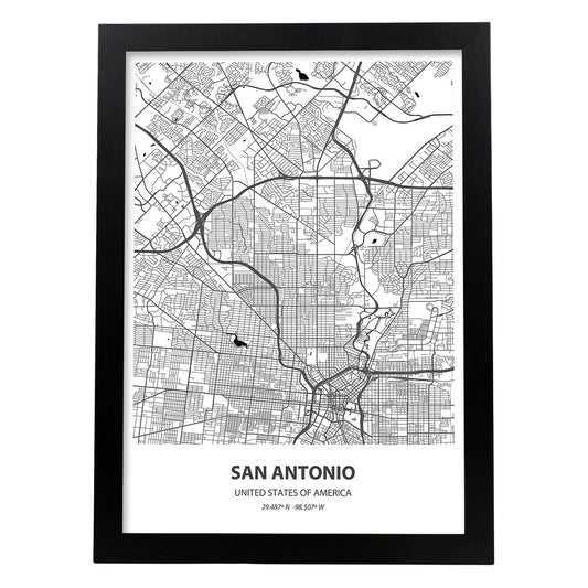 Poster con mapa de San Antonio - USA. Láminas de ciudades de Estados Unidos con mares y ríos en color negro.-Artwork-Nacnic-A4-Marco Negro-Nacnic Estudio SL