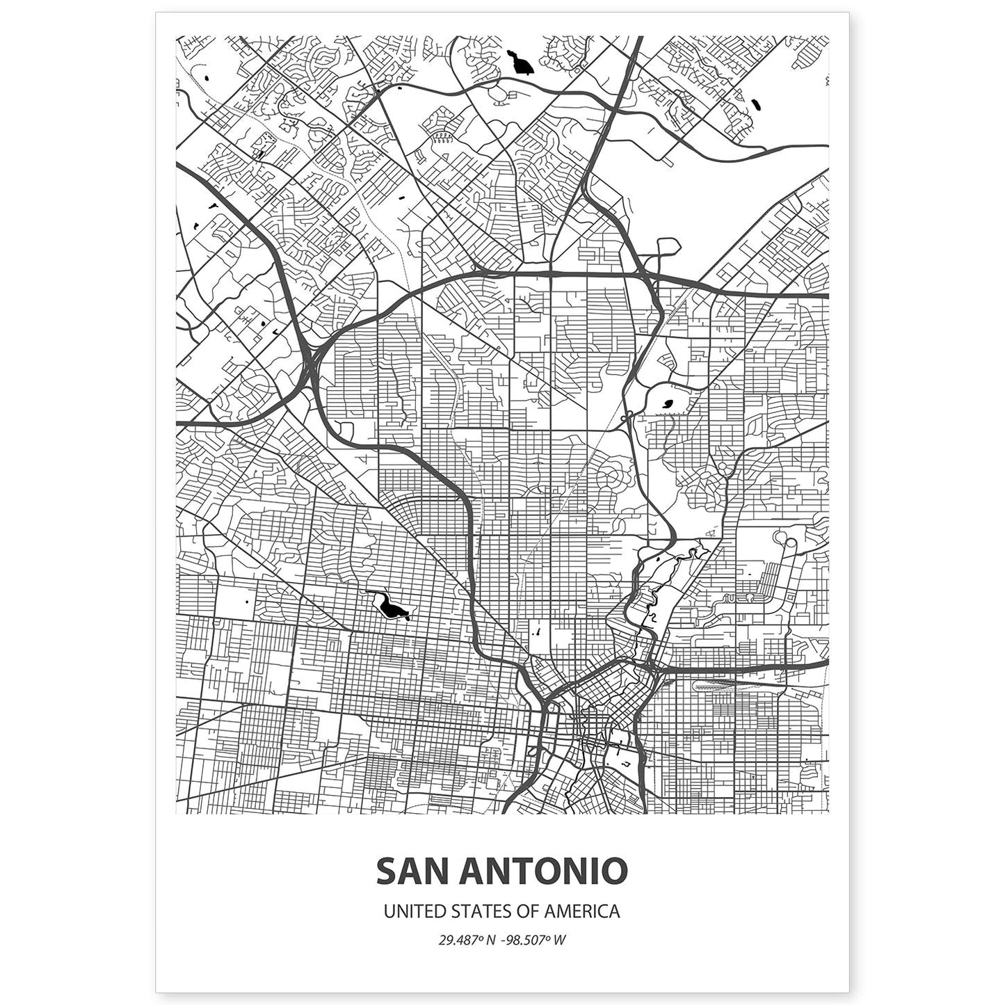 Poster con mapa de San Antonio - USA. Láminas de ciudades de Estados Unidos con mares y ríos en color negro.-Artwork-Nacnic-A4-Sin marco-Nacnic Estudio SL