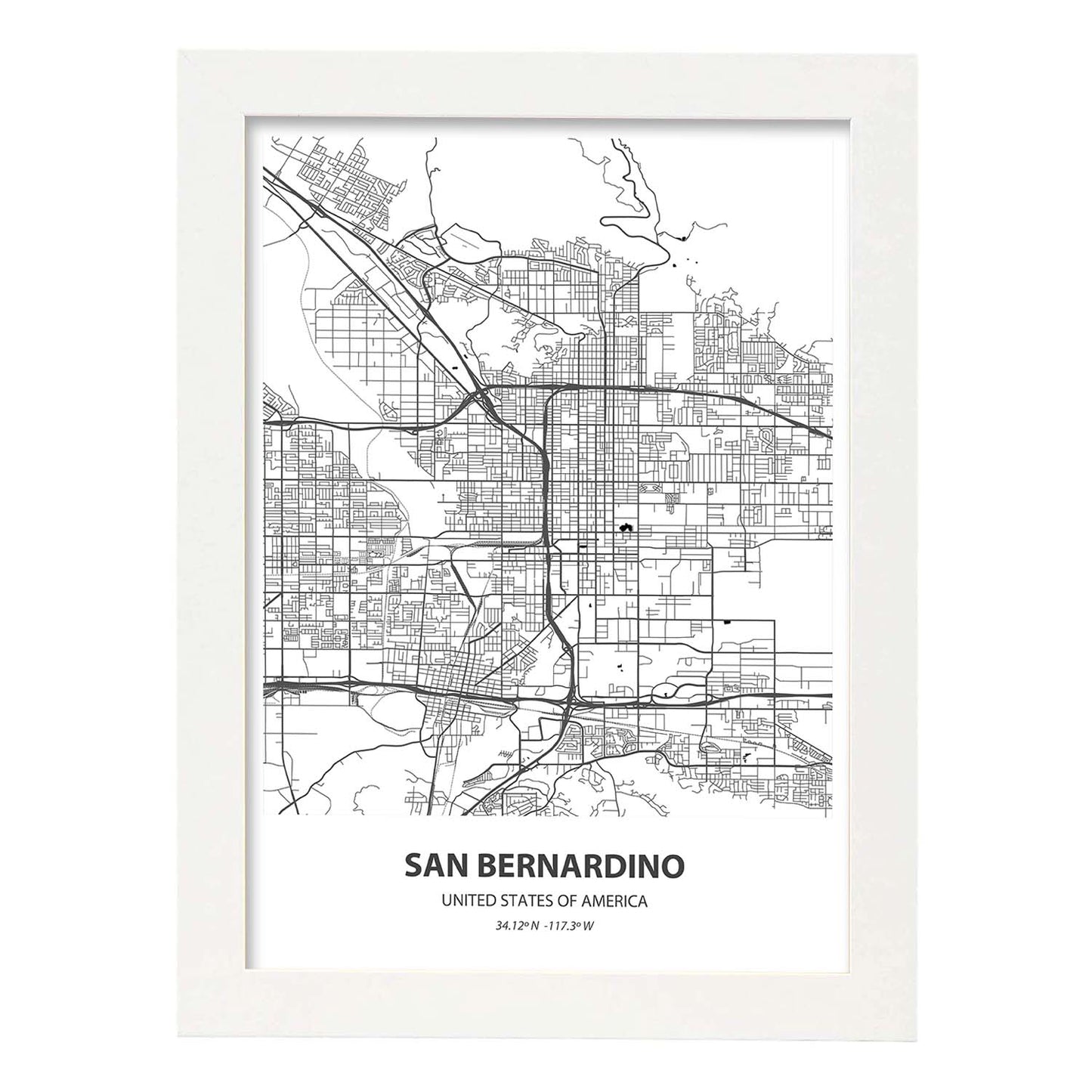 Poster con mapa de San Bernardino - USA. Láminas de ciudades de Estados Unidos con mares y ríos en color negro.-Artwork-Nacnic-A3-Marco Blanco-Nacnic Estudio SL