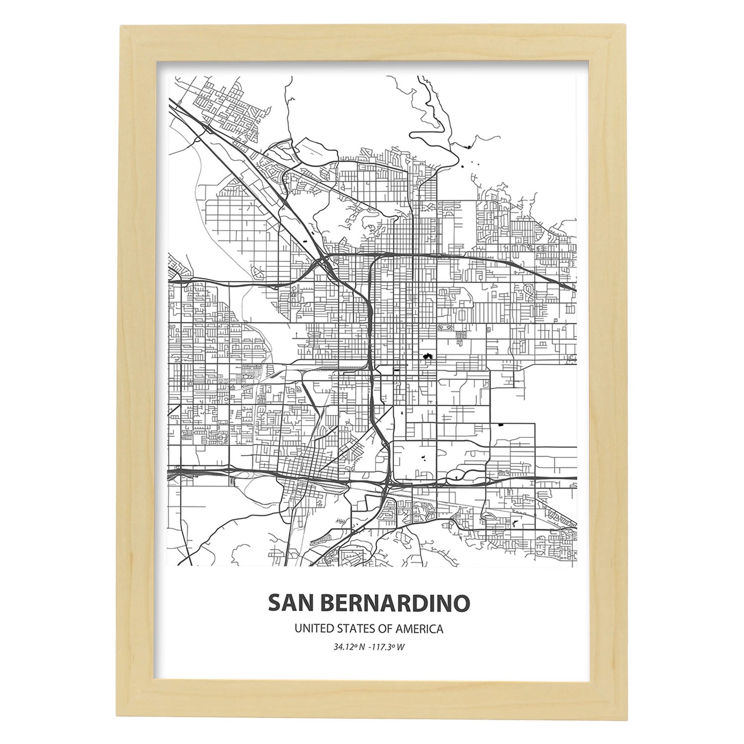 Poster con mapa de San Bernardino - USA. Láminas de ciudades de Estados Unidos con mares y ríos en color negro.-Artwork-Nacnic-A3-Marco Madera clara-Nacnic Estudio SL