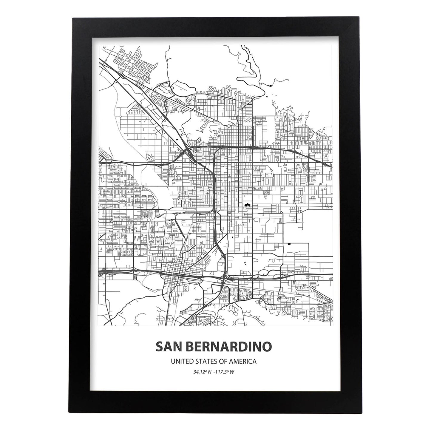 Poster con mapa de San Bernardino - USA. Láminas de ciudades de Estados Unidos con mares y ríos en color negro.-Artwork-Nacnic-A3-Marco Negro-Nacnic Estudio SL