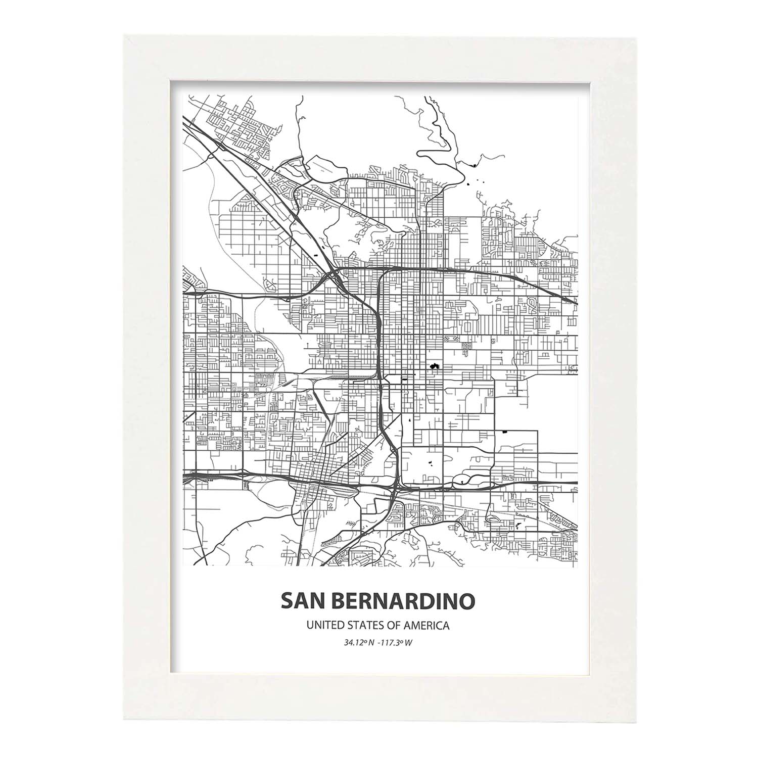 Poster con mapa de San Bernardino - USA. Láminas de ciudades de Estados Unidos con mares y ríos en color negro.-Artwork-Nacnic-A4-Marco Blanco-Nacnic Estudio SL