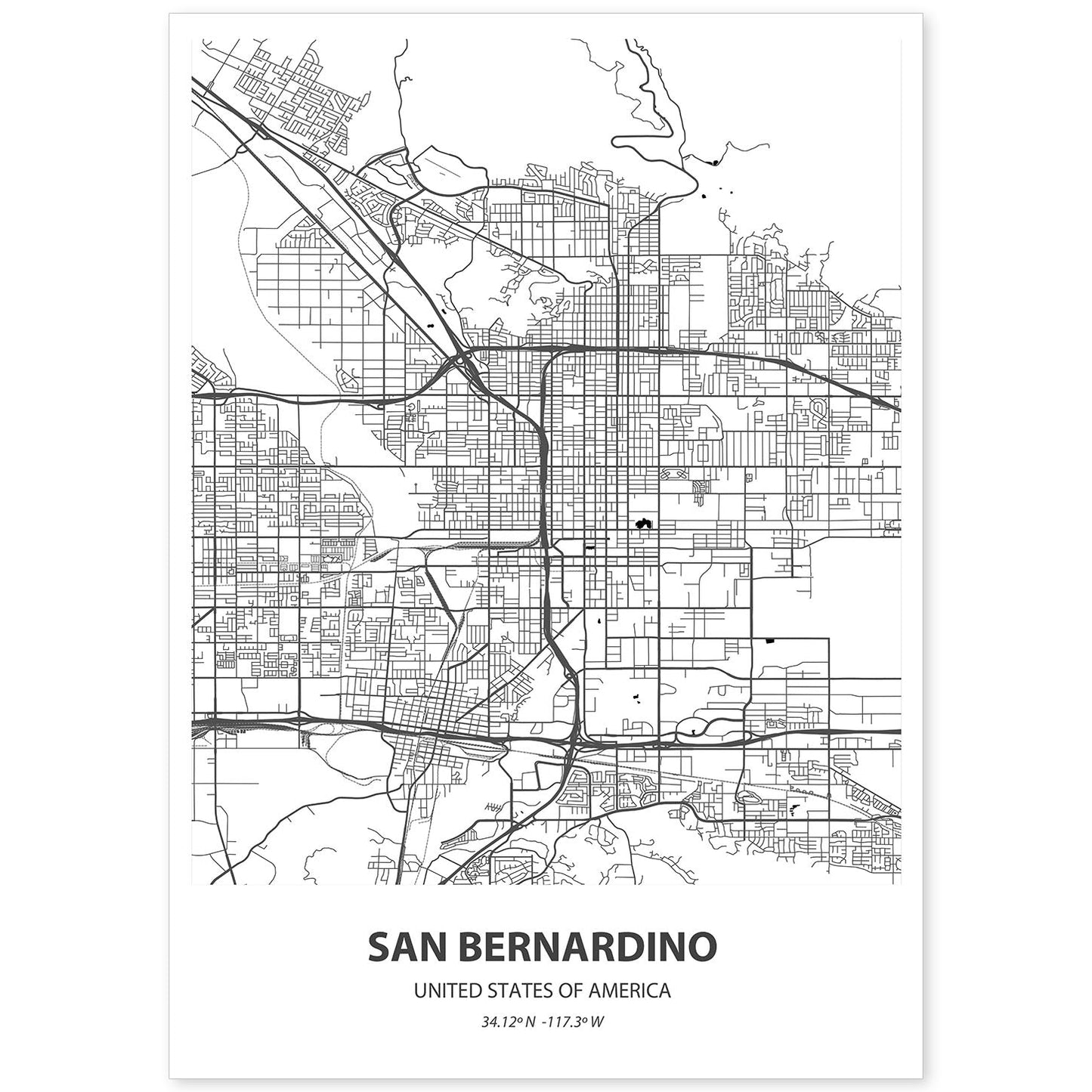 Poster con mapa de San Bernardino - USA. Láminas de ciudades de Estados Unidos con mares y ríos en color negro.-Artwork-Nacnic-A4-Sin marco-Nacnic Estudio SL