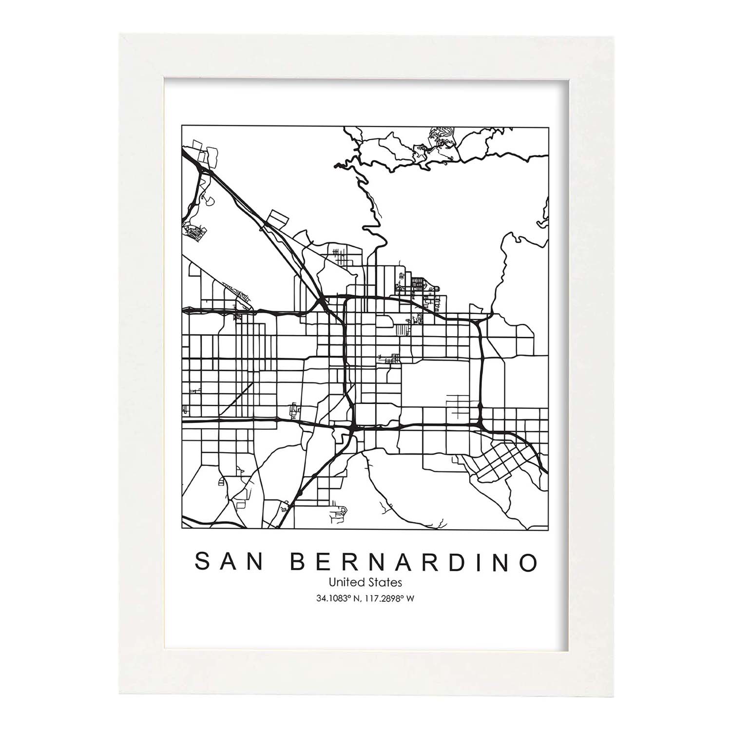 Poster con mapa de San Bernardino. Lámina de Estados Unidos, con imágenes de mapas y carreteras-Artwork-Nacnic-A3-Marco Blanco-Nacnic Estudio SL