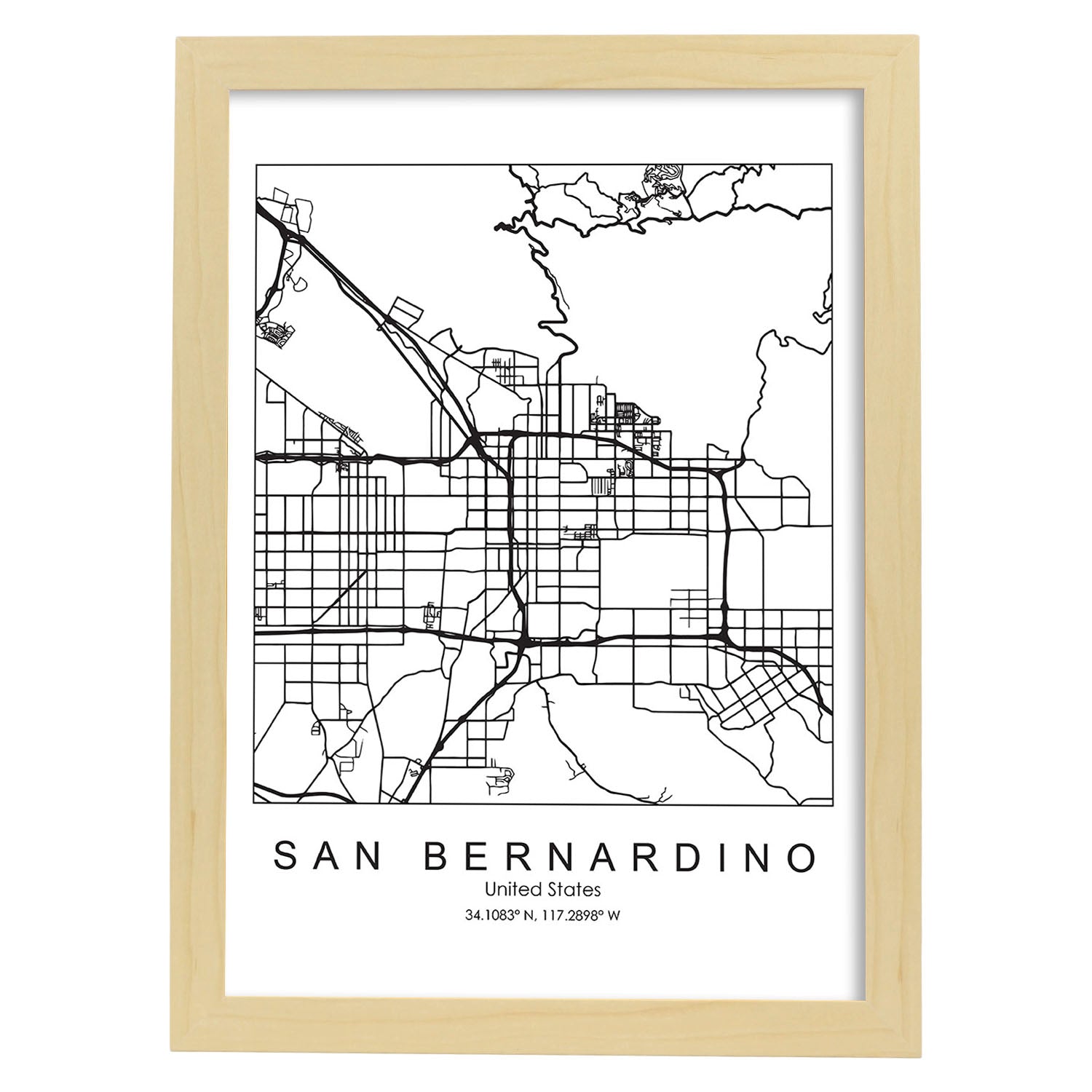 Poster con mapa de San Bernardino. Lámina de Estados Unidos, con imágenes de mapas y carreteras-Artwork-Nacnic-A3-Marco Madera clara-Nacnic Estudio SL