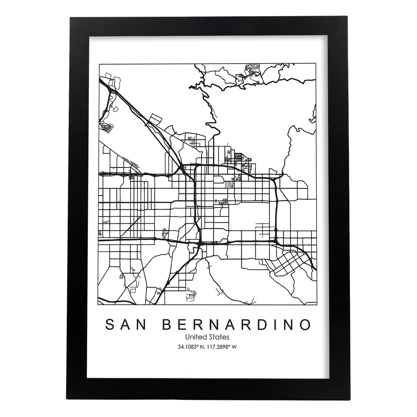 Poster con mapa de San Bernardino. Lámina de Estados Unidos, con imágenes de mapas y carreteras-Artwork-Nacnic-A3-Marco Negro-Nacnic Estudio SL