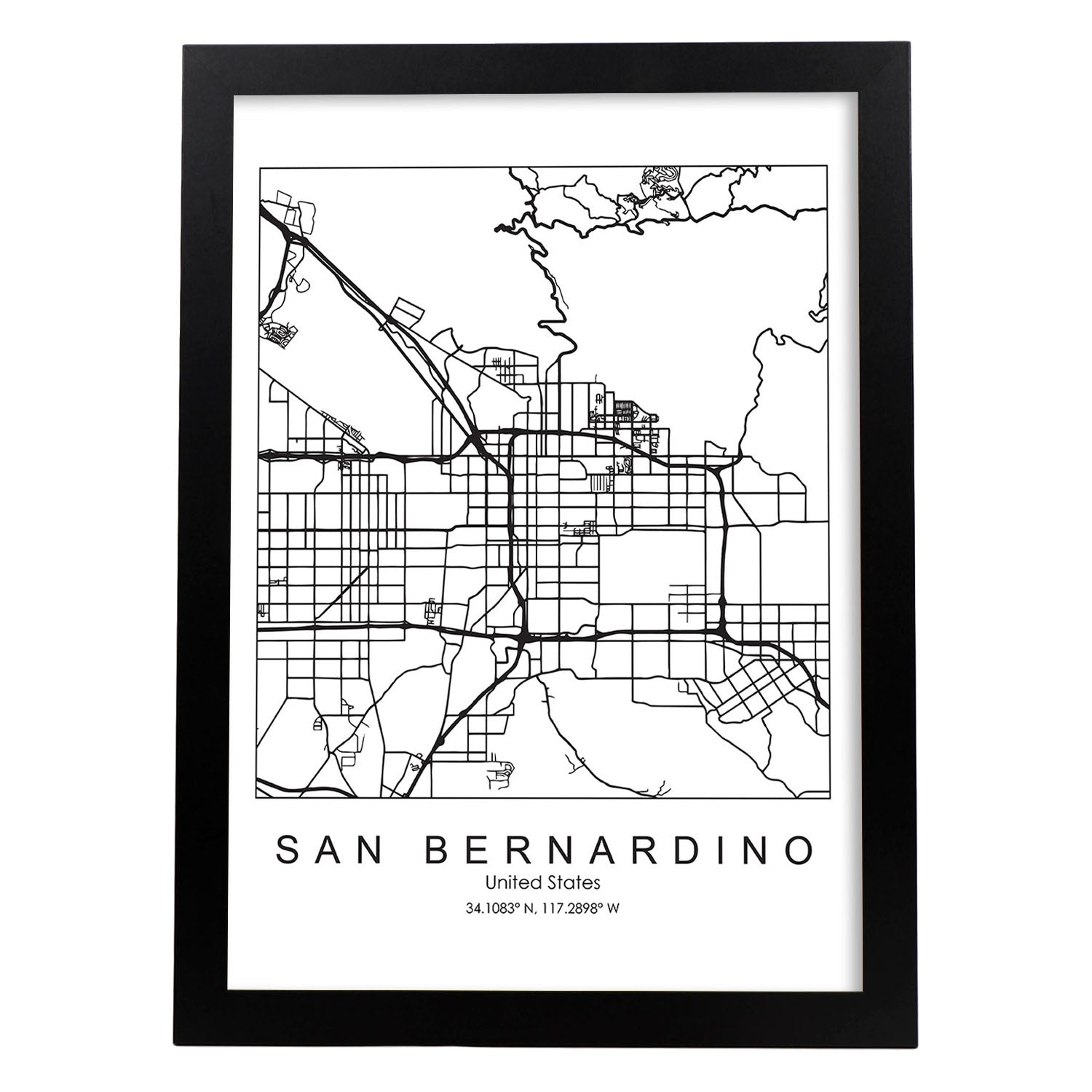 Poster con mapa de San Bernardino. Lámina de Estados Unidos, con imágenes de mapas y carreteras-Artwork-Nacnic-A4-Marco Negro-Nacnic Estudio SL