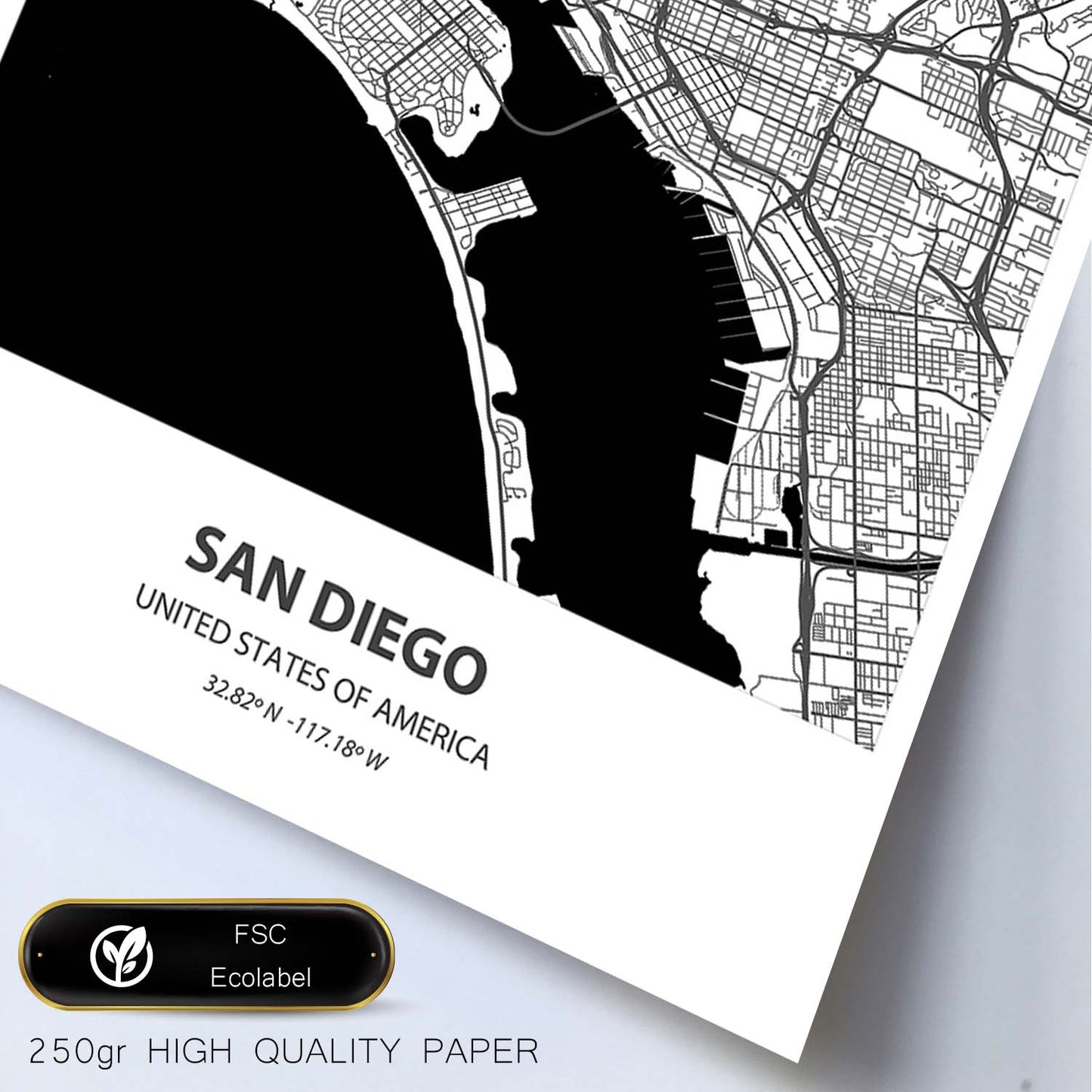 Poster con mapa de San Diego - USA. Láminas de ciudades de Estados Unidos con mares y ríos en color negro.-Artwork-Nacnic-Nacnic Estudio SL