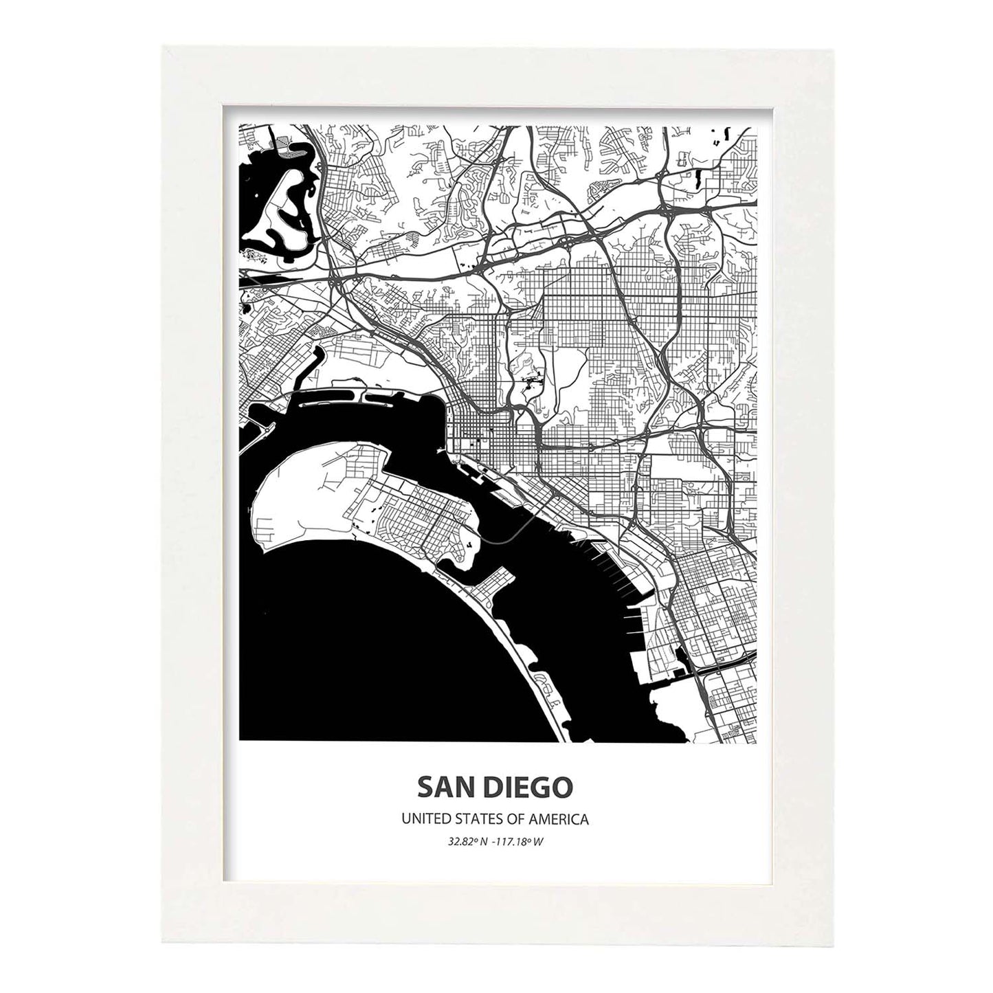 Poster con mapa de San Diego - USA. Láminas de ciudades de Estados Unidos con mares y ríos en color negro.-Artwork-Nacnic-A3-Marco Blanco-Nacnic Estudio SL