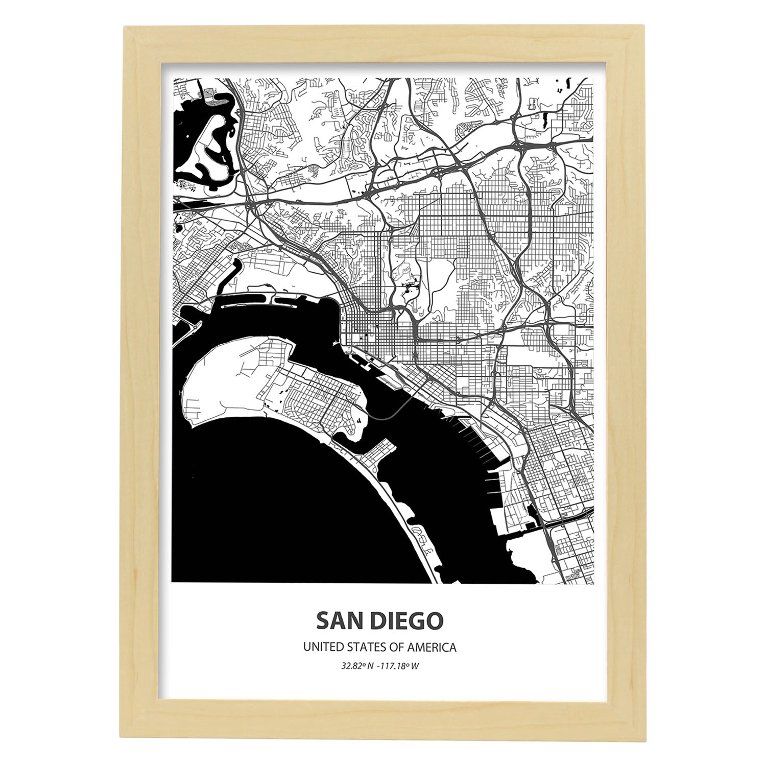 Poster con mapa de San Diego - USA. Láminas de ciudades de Estados Unidos con mares y ríos en color negro.-Artwork-Nacnic-A3-Marco Madera clara-Nacnic Estudio SL