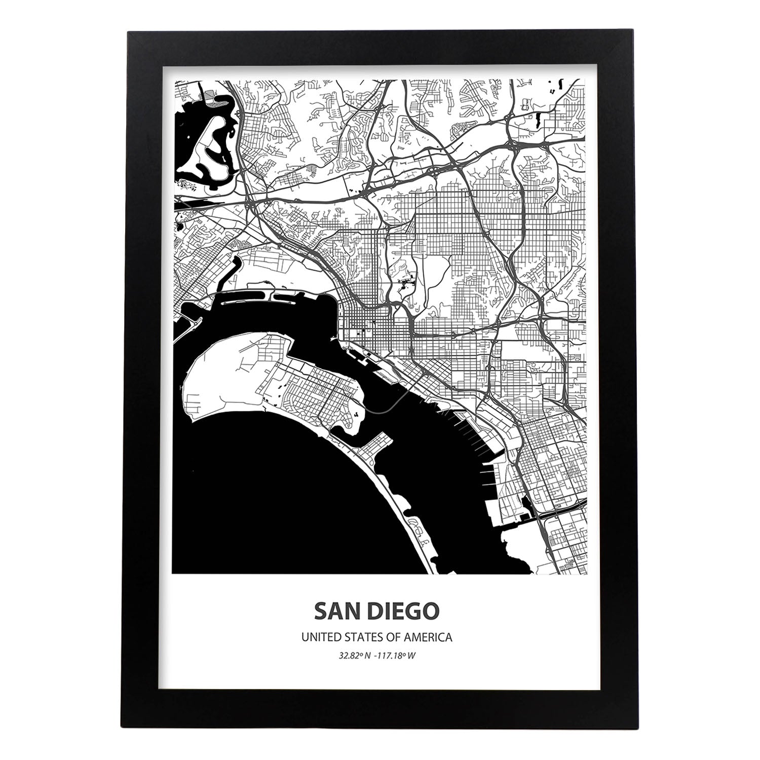 Poster con mapa de San Diego - USA. Láminas de ciudades de Estados Unidos con mares y ríos en color negro.-Artwork-Nacnic-A3-Marco Negro-Nacnic Estudio SL