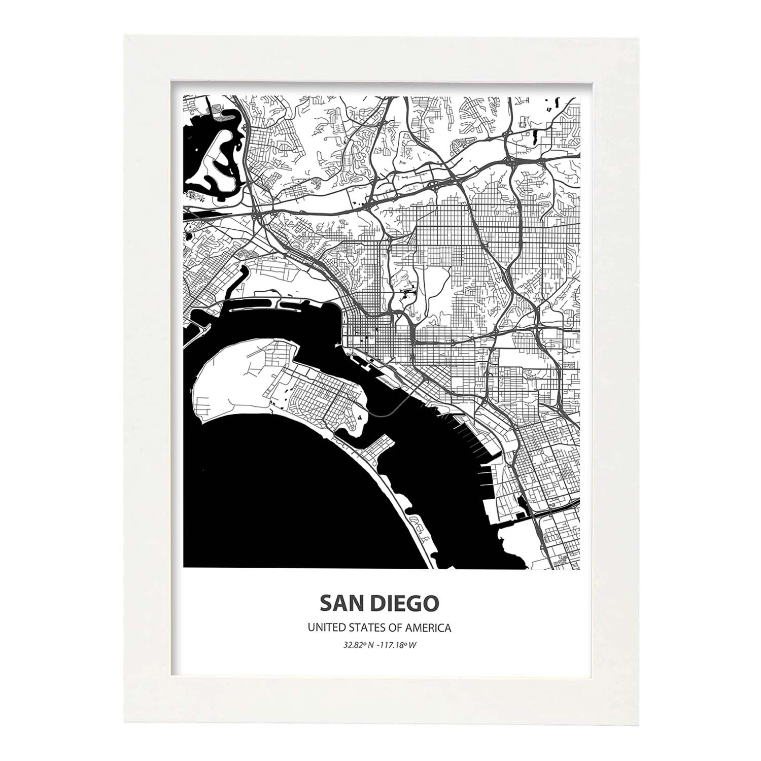 Poster con mapa de San Diego - USA. Láminas de ciudades de Estados Unidos con mares y ríos en color negro.-Artwork-Nacnic-A4-Marco Blanco-Nacnic Estudio SL