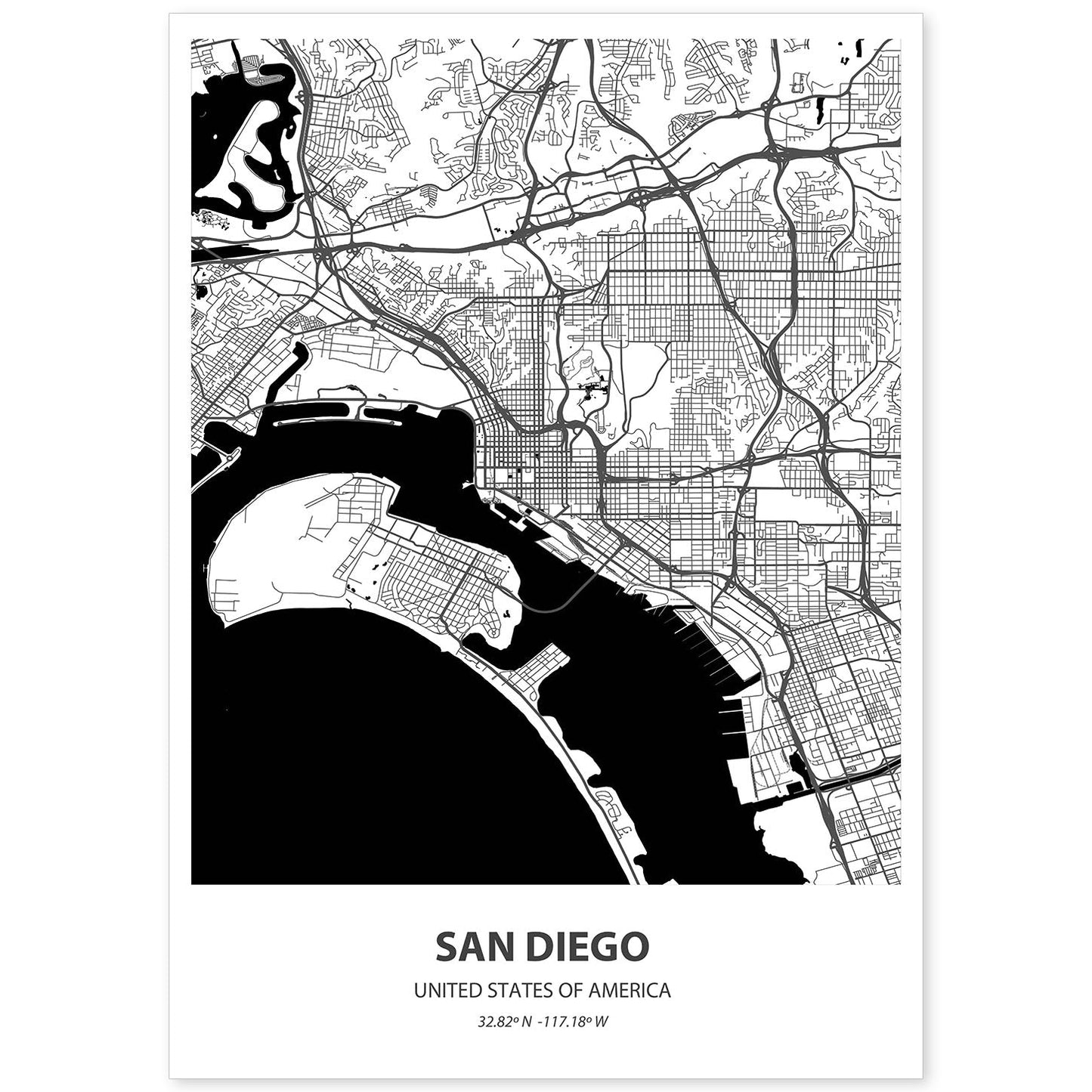 Poster con mapa de San Diego - USA. Láminas de ciudades de Estados Unidos con mares y ríos en color negro.-Artwork-Nacnic-A4-Sin marco-Nacnic Estudio SL
