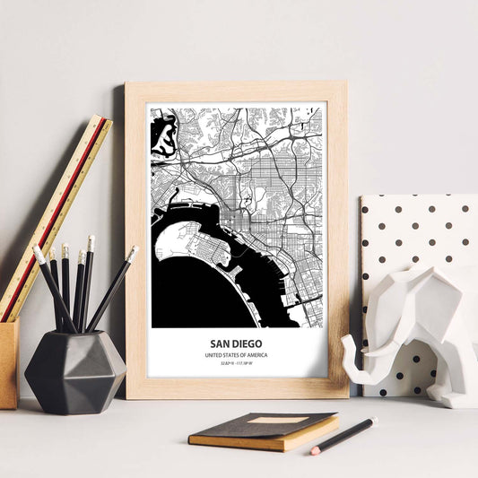 Poster con mapa de San Diego - USA. Láminas de ciudades de Estados Unidos con mares y ríos en color negro.-Artwork-Nacnic-Nacnic Estudio SL