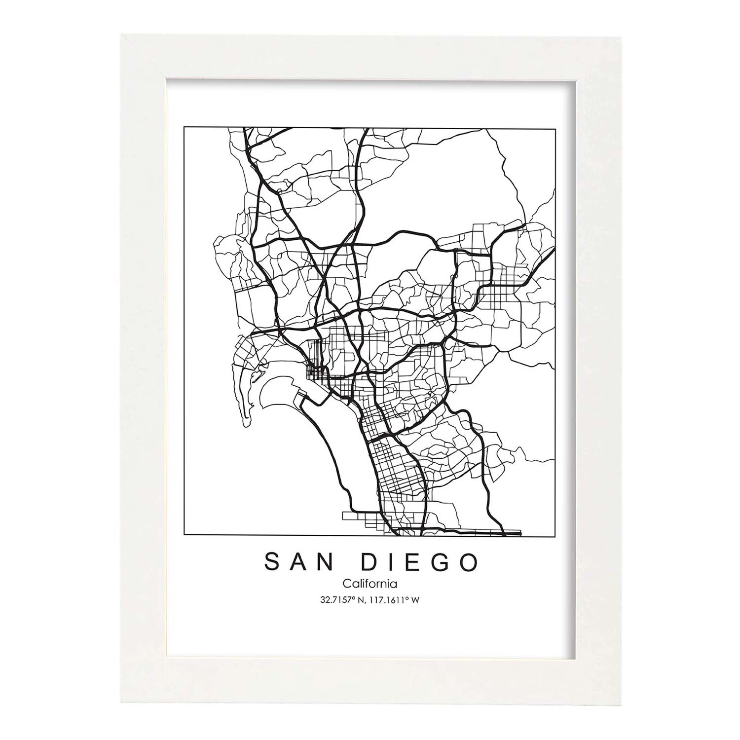 Poster con mapa de San Diego. Lámina de Estados Unidos, con imágenes de mapas y carreteras-Artwork-Nacnic-A3-Marco Blanco-Nacnic Estudio SL