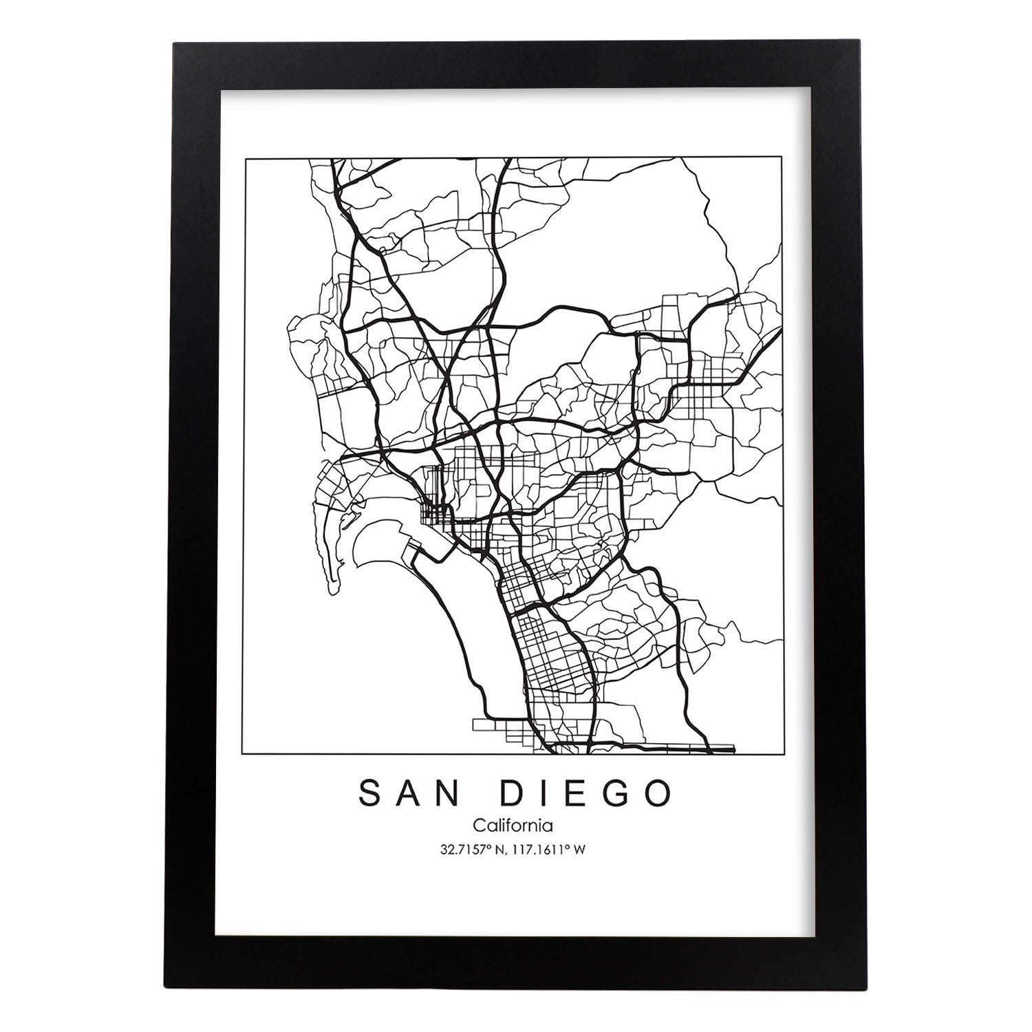 Poster con mapa de San Diego. Lámina de Estados Unidos, con imágenes de mapas y carreteras-Artwork-Nacnic-A3-Marco Negro-Nacnic Estudio SL