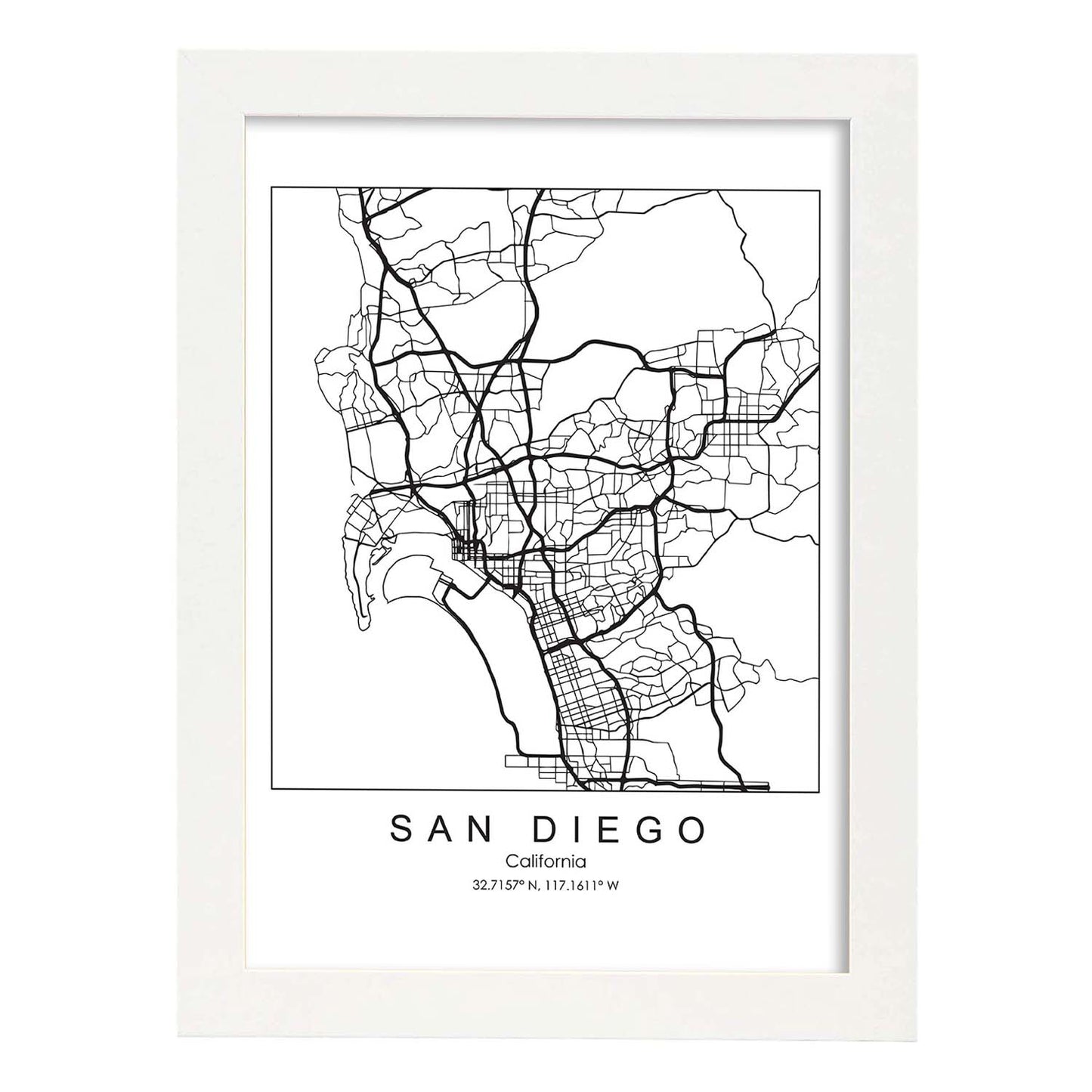 Poster con mapa de San Diego. Lámina de Estados Unidos, con imágenes de mapas y carreteras-Artwork-Nacnic-A4-Marco Blanco-Nacnic Estudio SL
