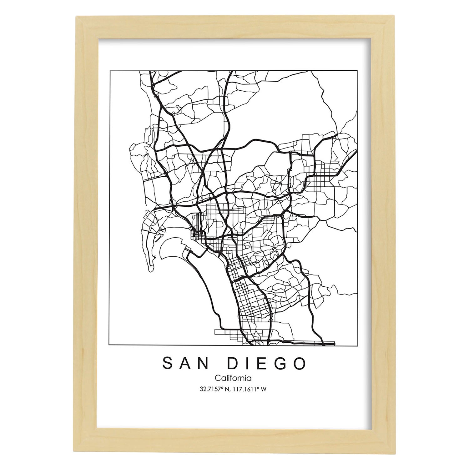 Poster con mapa de San Diego. Lámina de Estados Unidos, con imágenes de mapas y carreteras-Artwork-Nacnic-A4-Marco Madera clara-Nacnic Estudio SL