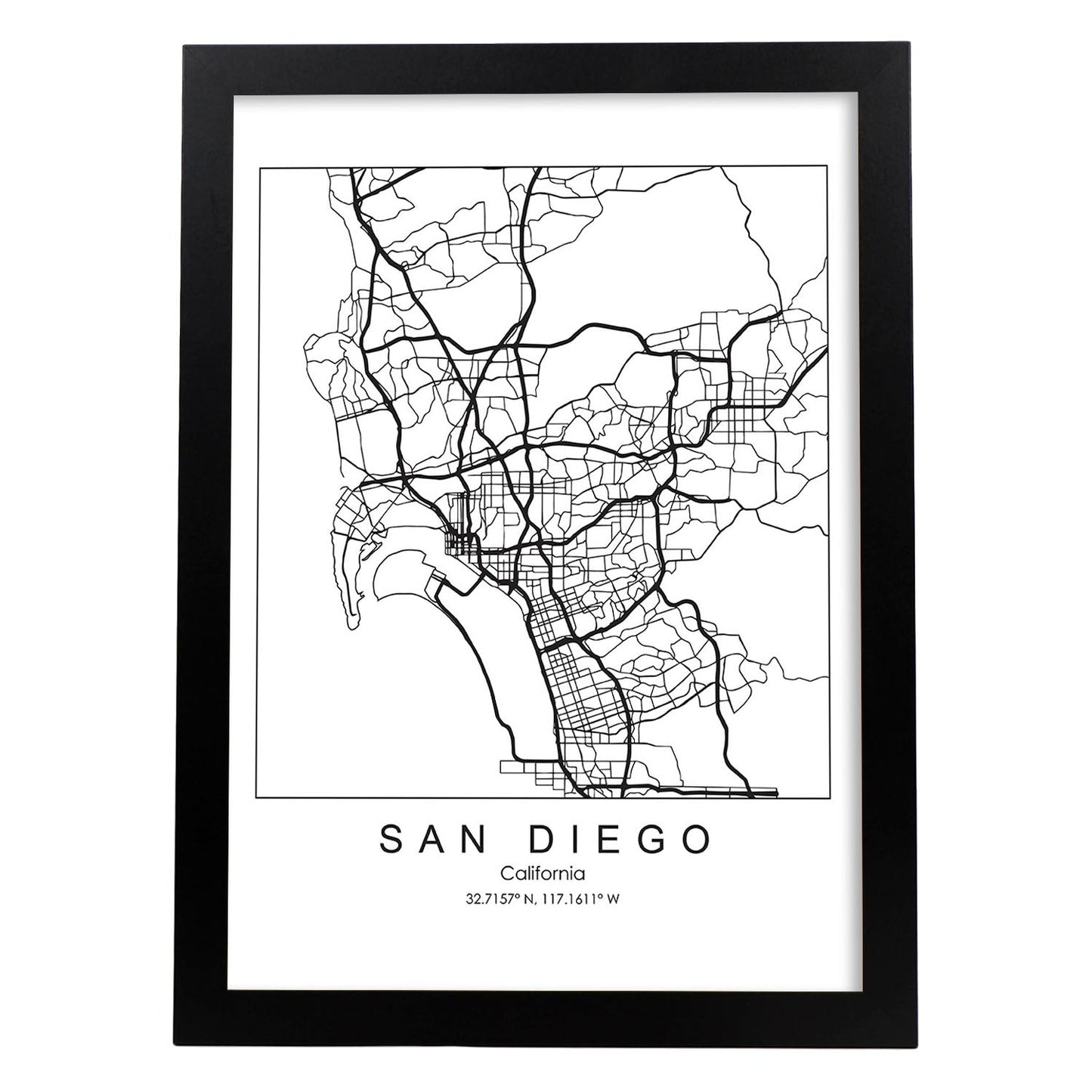 Poster con mapa de San Diego. Lámina de Estados Unidos, con imágenes de mapas y carreteras-Artwork-Nacnic-A4-Marco Negro-Nacnic Estudio SL