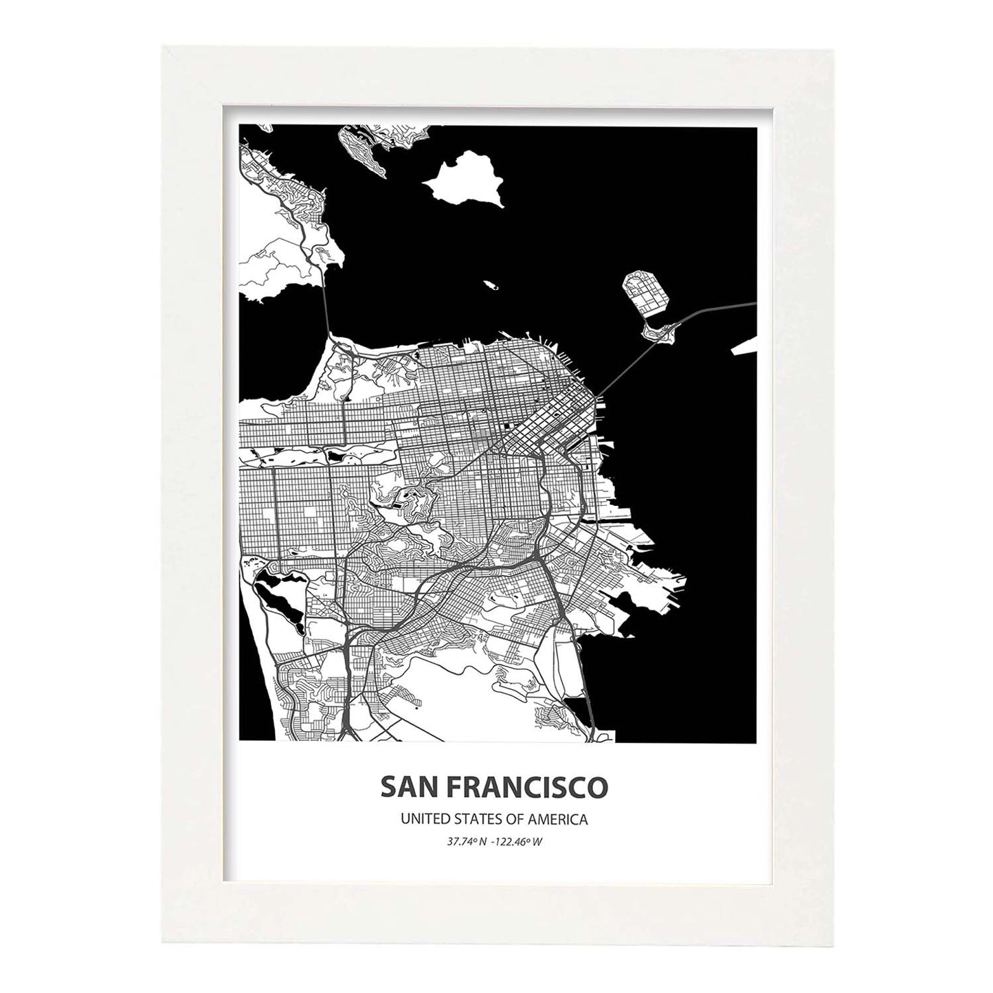 Poster con mapa de San Francisco - USA. Láminas de ciudades de Estados Unidos con mares y ríos en color negro.-Artwork-Nacnic-A3-Marco Blanco-Nacnic Estudio SL