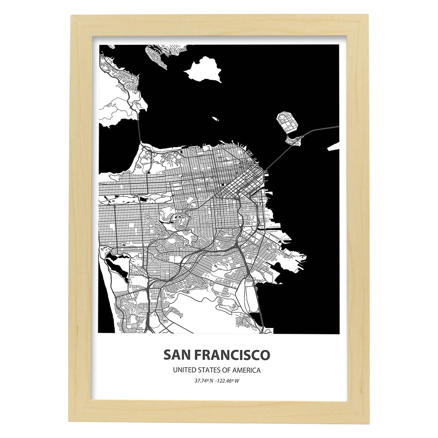 Poster con mapa de San Francisco - USA. Láminas de ciudades de Estados Unidos con mares y ríos en color negro.-Artwork-Nacnic-A3-Marco Madera clara-Nacnic Estudio SL
