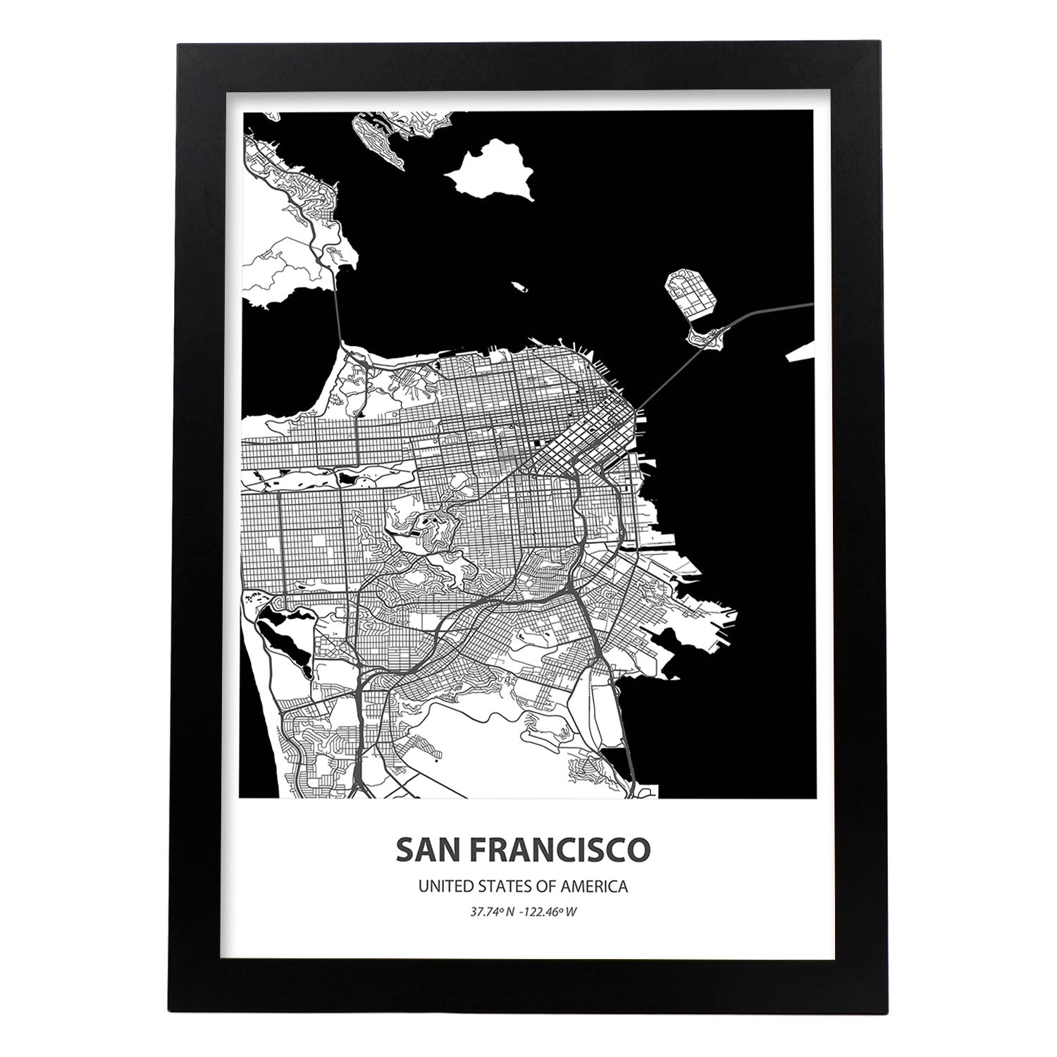 Poster con mapa de San Francisco - USA. Láminas de ciudades de Estados Unidos con mares y ríos en color negro.-Artwork-Nacnic-A3-Marco Negro-Nacnic Estudio SL