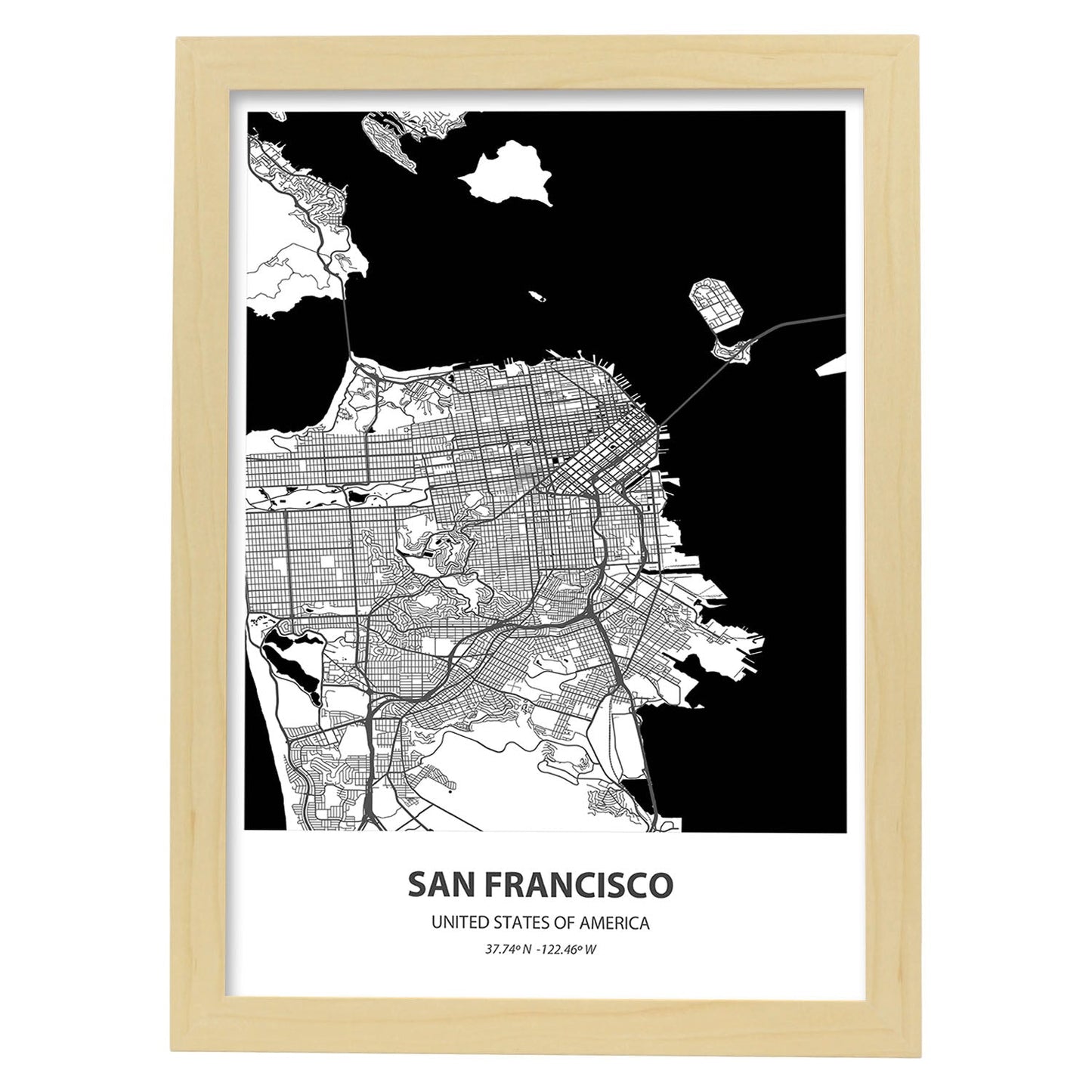 Poster con mapa de San Francisco - USA. Láminas de ciudades de Estados Unidos con mares y ríos en color negro.-Artwork-Nacnic-A4-Marco Madera clara-Nacnic Estudio SL
