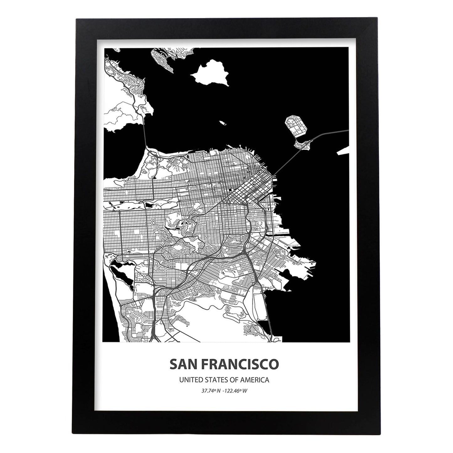 Poster con mapa de San Francisco - USA. Láminas de ciudades de Estados Unidos con mares y ríos en color negro.-Artwork-Nacnic-A4-Marco Negro-Nacnic Estudio SL