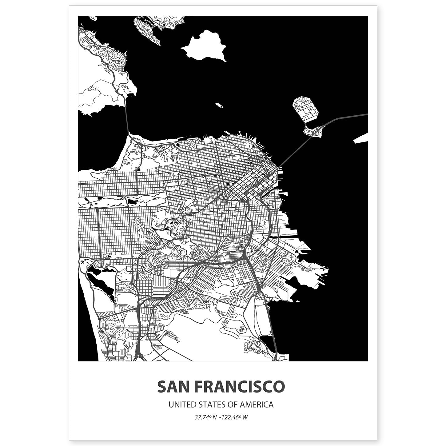 Poster con mapa de San Francisco - USA. Láminas de ciudades de Estados Unidos con mares y ríos en color negro.-Artwork-Nacnic-A4-Sin marco-Nacnic Estudio SL