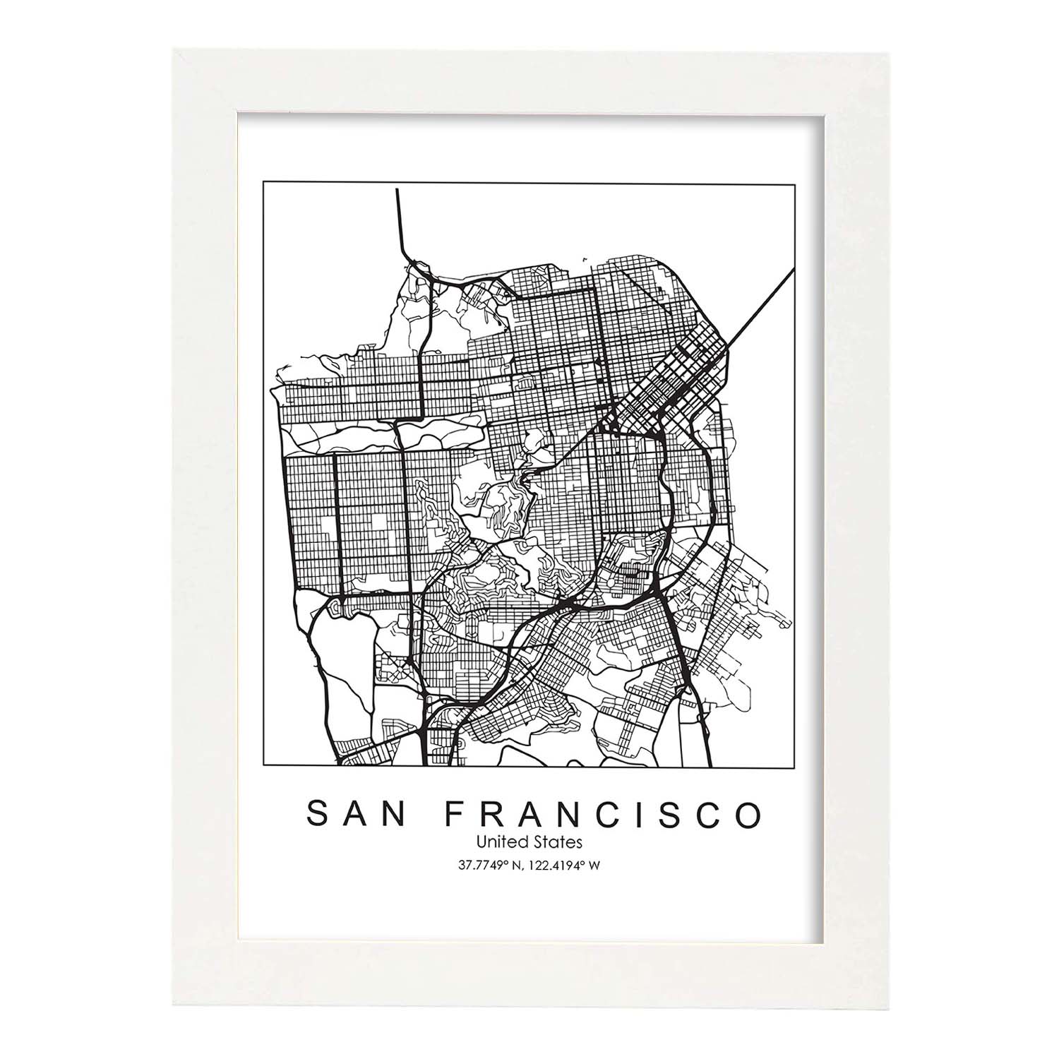 Poster con mapa de San Francisco. Lámina de Estados Unidos, con imágenes de mapas y carreteras-Artwork-Nacnic-A3-Marco Blanco-Nacnic Estudio SL