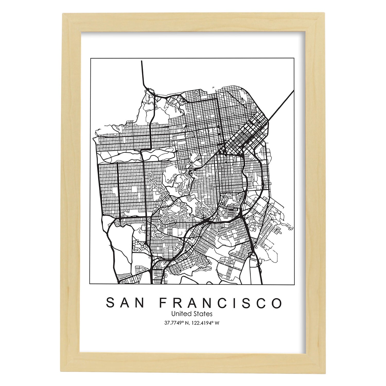 Poster con mapa de San Francisco. Lámina de Estados Unidos, con imágenes de mapas y carreteras-Artwork-Nacnic-A3-Marco Madera clara-Nacnic Estudio SL