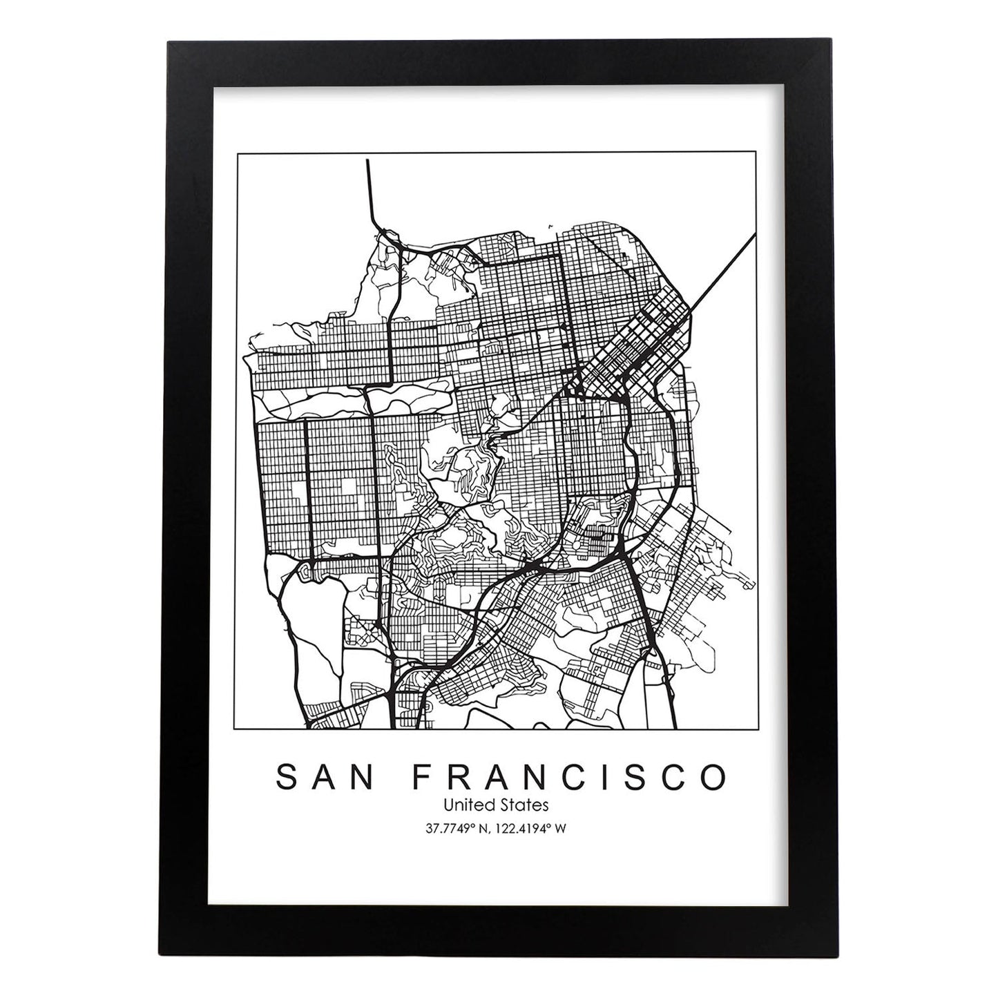 Poster con mapa de San Francisco. Lámina de Estados Unidos, con imágenes de mapas y carreteras-Artwork-Nacnic-A3-Marco Negro-Nacnic Estudio SL