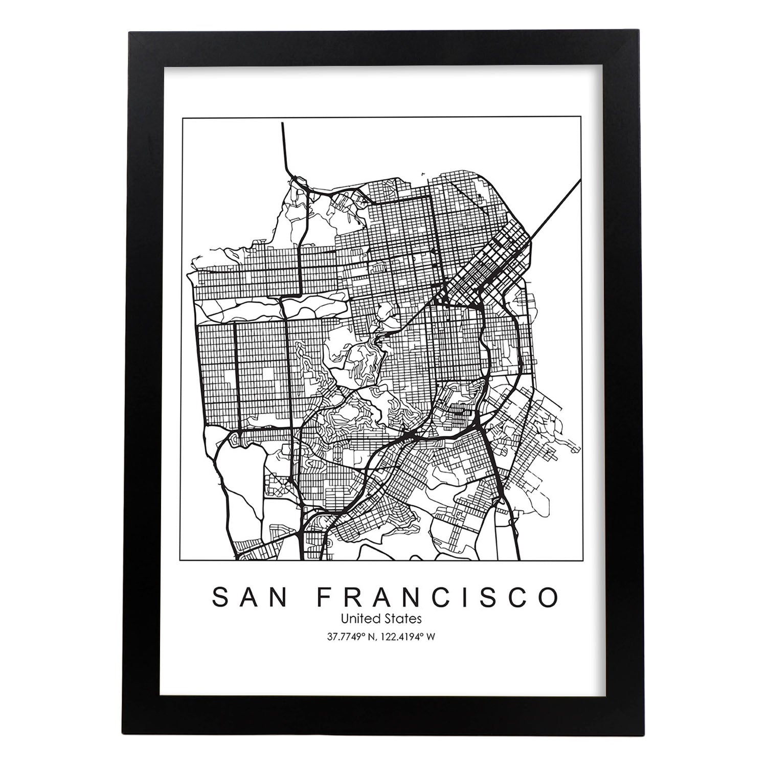 Poster con mapa de San Francisco. Lámina de Estados Unidos, con imágenes de mapas y carreteras-Artwork-Nacnic-A3-Marco Negro-Nacnic Estudio SL
