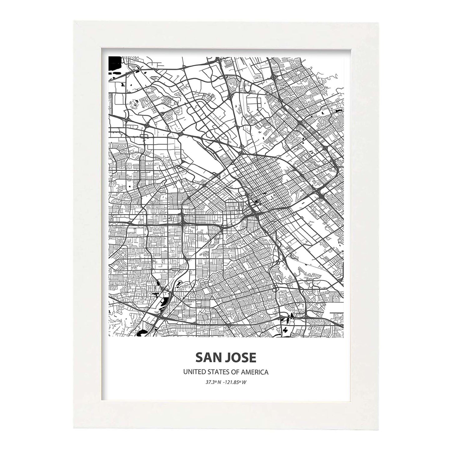 Poster con mapa de San Jose - USA. Láminas de ciudades de Estados Unidos con mares y ríos en color negro.-Artwork-Nacnic-A3-Marco Blanco-Nacnic Estudio SL
