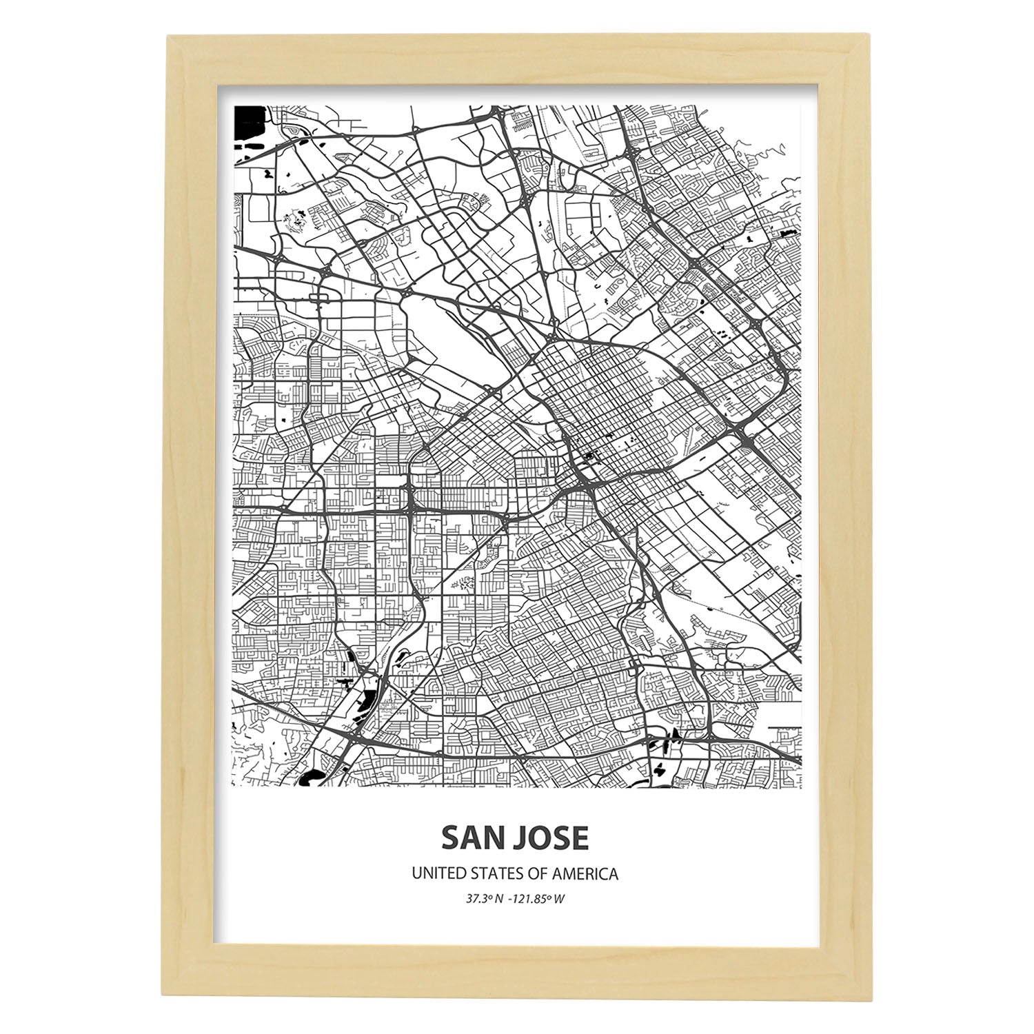 Poster con mapa de San Jose - USA. Láminas de ciudades de Estados Unidos con mares y ríos en color negro.-Artwork-Nacnic-A3-Marco Madera clara-Nacnic Estudio SL