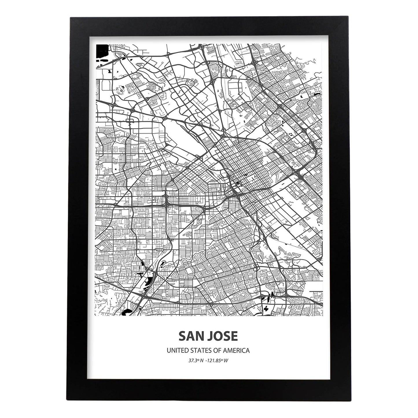 Poster con mapa de San Jose - USA. Láminas de ciudades de Estados Unidos con mares y ríos en color negro.-Artwork-Nacnic-A3-Marco Negro-Nacnic Estudio SL