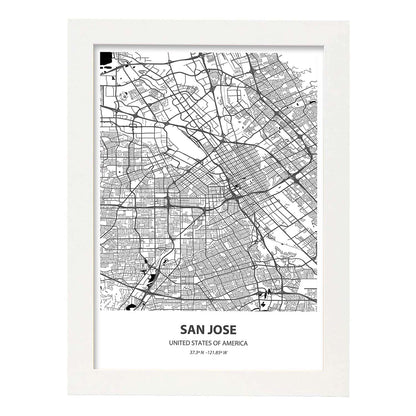 Poster con mapa de San Jose - USA. Láminas de ciudades de Estados Unidos con mares y ríos en color negro.-Artwork-Nacnic-A4-Marco Blanco-Nacnic Estudio SL