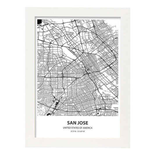 Poster con mapa de San Jose - USA. Láminas de ciudades de Estados Unidos con mares y ríos en color negro.-Artwork-Nacnic-A4-Marco Blanco-Nacnic Estudio SL
