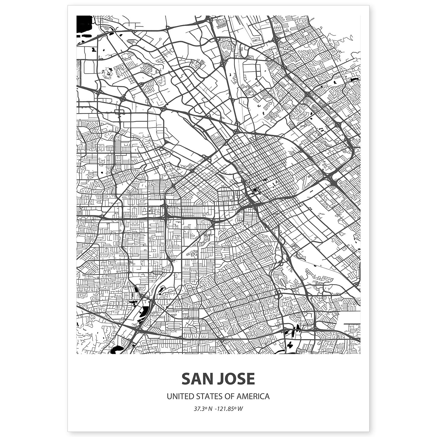Poster con mapa de San Jose - USA. Láminas de ciudades de Estados Unidos con mares y ríos en color negro.-Artwork-Nacnic-A4-Sin marco-Nacnic Estudio SL