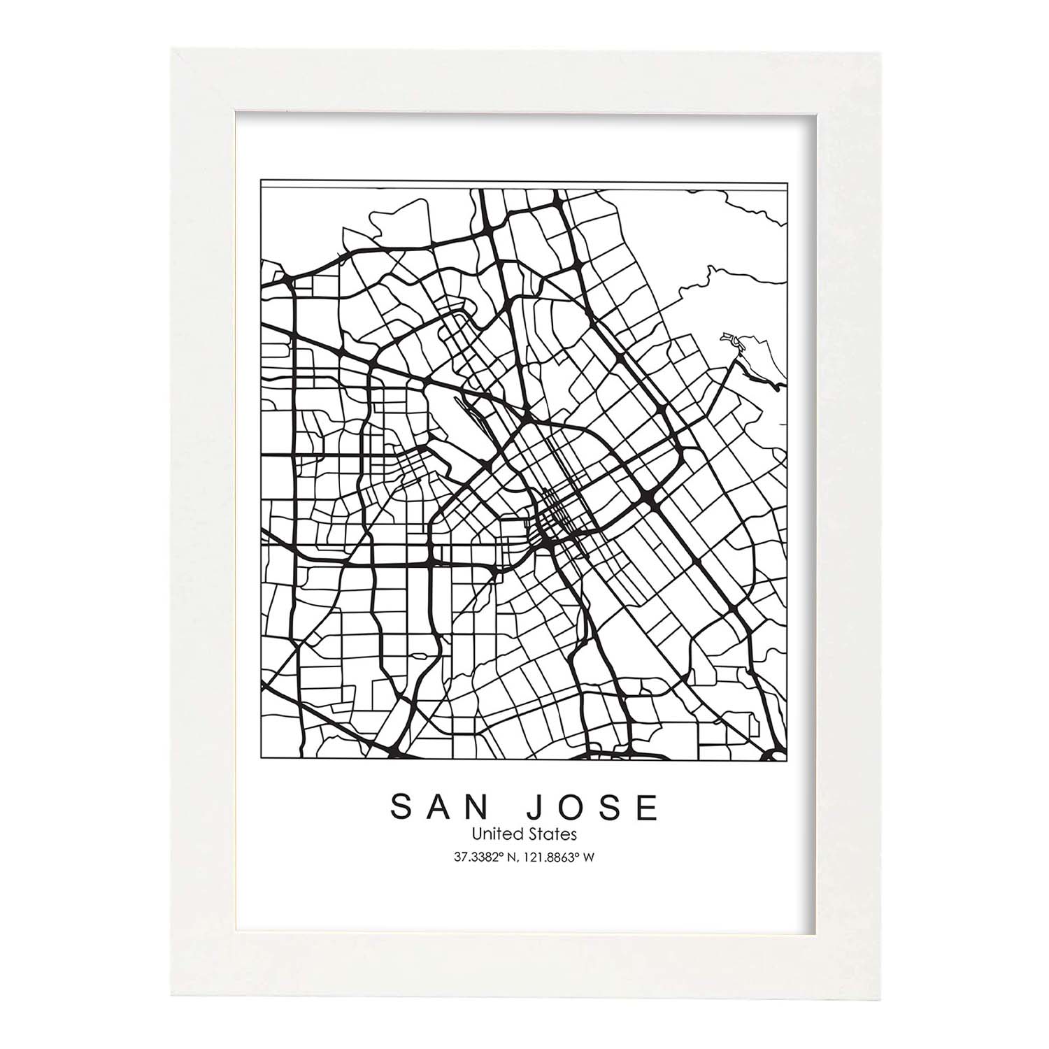 Poster con mapa de San Jose. Lámina de Estados Unidos, con imágenes de mapas y carreteras-Artwork-Nacnic-A3-Marco Blanco-Nacnic Estudio SL