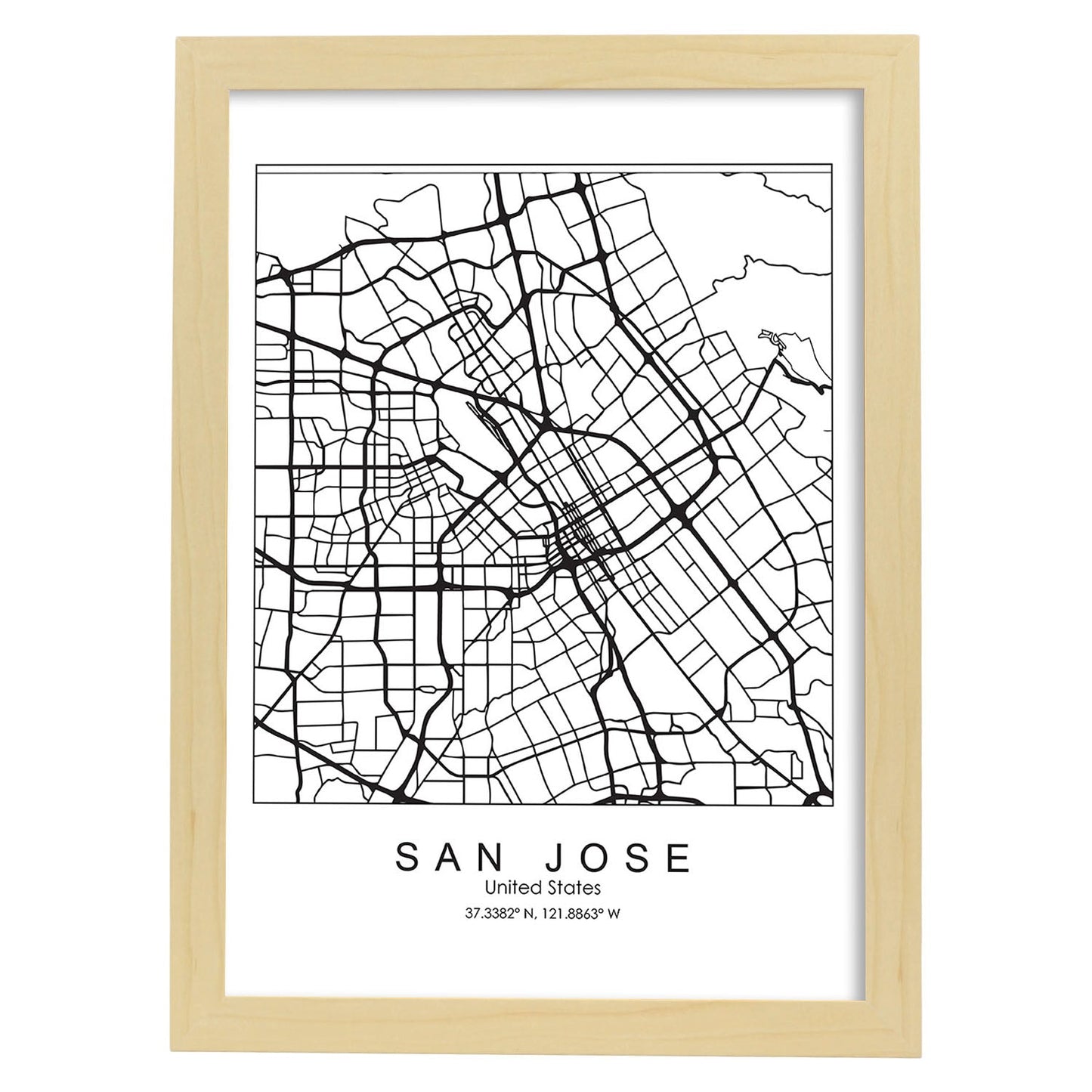 Poster con mapa de San Jose. Lámina de Estados Unidos, con imágenes de mapas y carreteras-Artwork-Nacnic-A3-Marco Madera clara-Nacnic Estudio SL