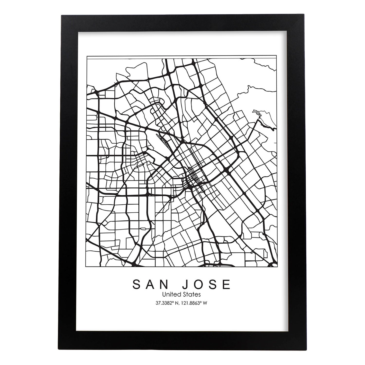 Poster con mapa de San Jose. Lámina de Estados Unidos, con imágenes de mapas y carreteras-Artwork-Nacnic-A3-Marco Negro-Nacnic Estudio SL