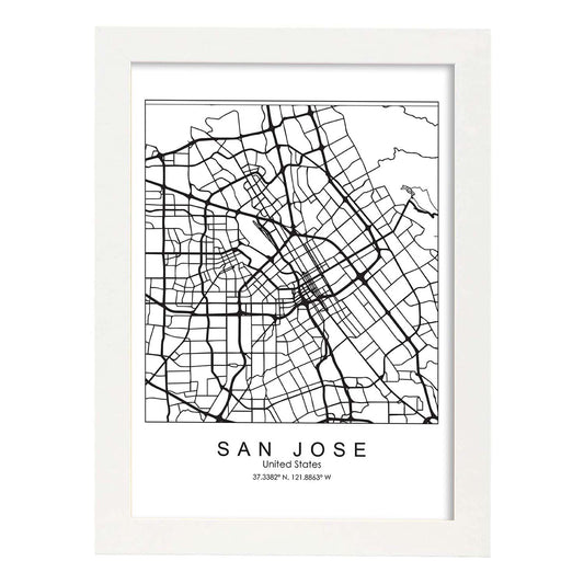 Poster con mapa de San Jose. Lámina de Estados Unidos, con imágenes de mapas y carreteras-Artwork-Nacnic-A4-Marco Blanco-Nacnic Estudio SL