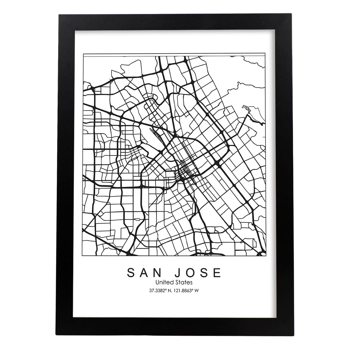 Poster con mapa de San Jose. Lámina de Estados Unidos, con imágenes de mapas y carreteras-Artwork-Nacnic-A4-Marco Negro-Nacnic Estudio SL