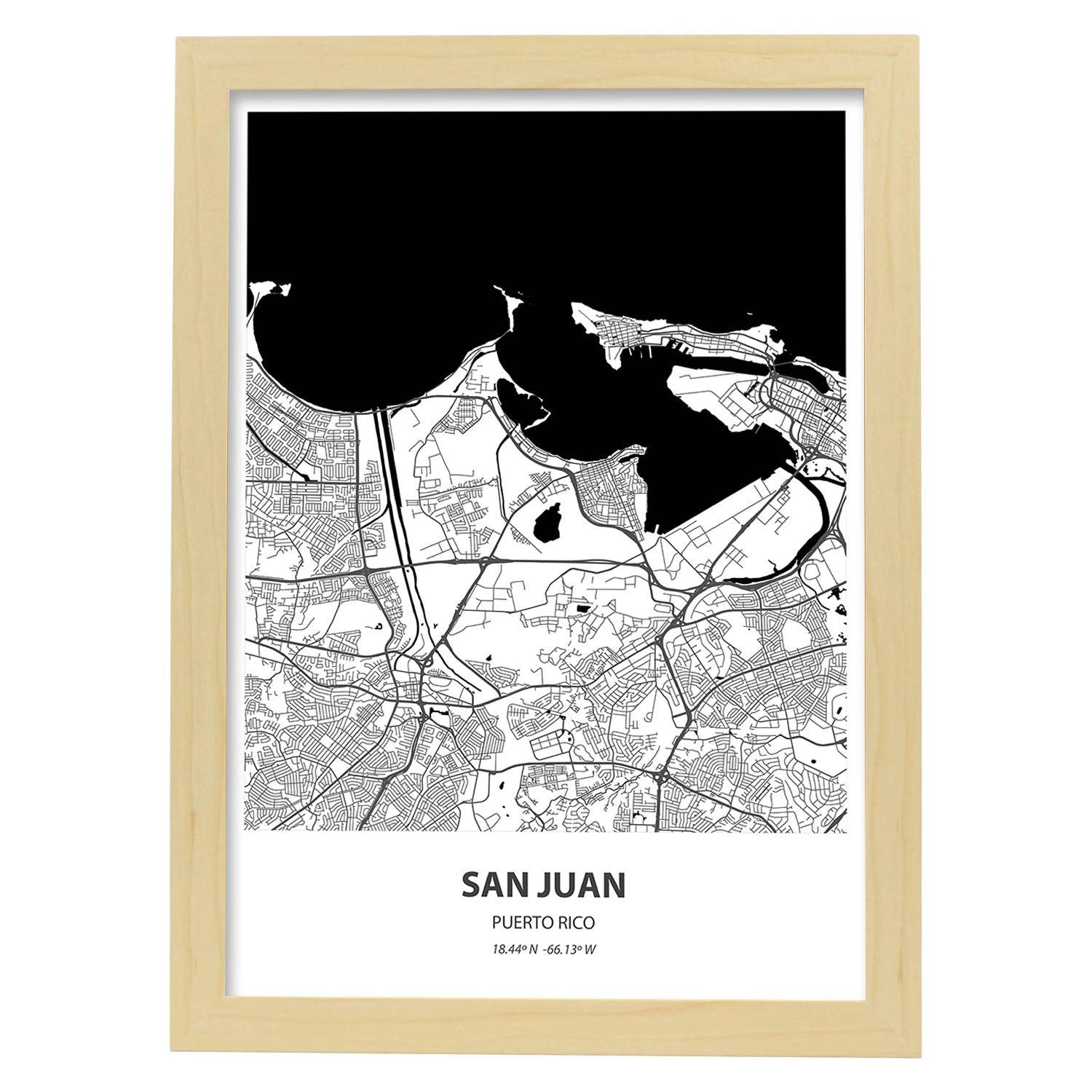 Poster con mapa de San Juan - Puerto Rico. Láminas de ciudades de Latinoamérica con mares y ríos en color negro.-Artwork-Nacnic-A3-Marco Madera clara-Nacnic Estudio SL