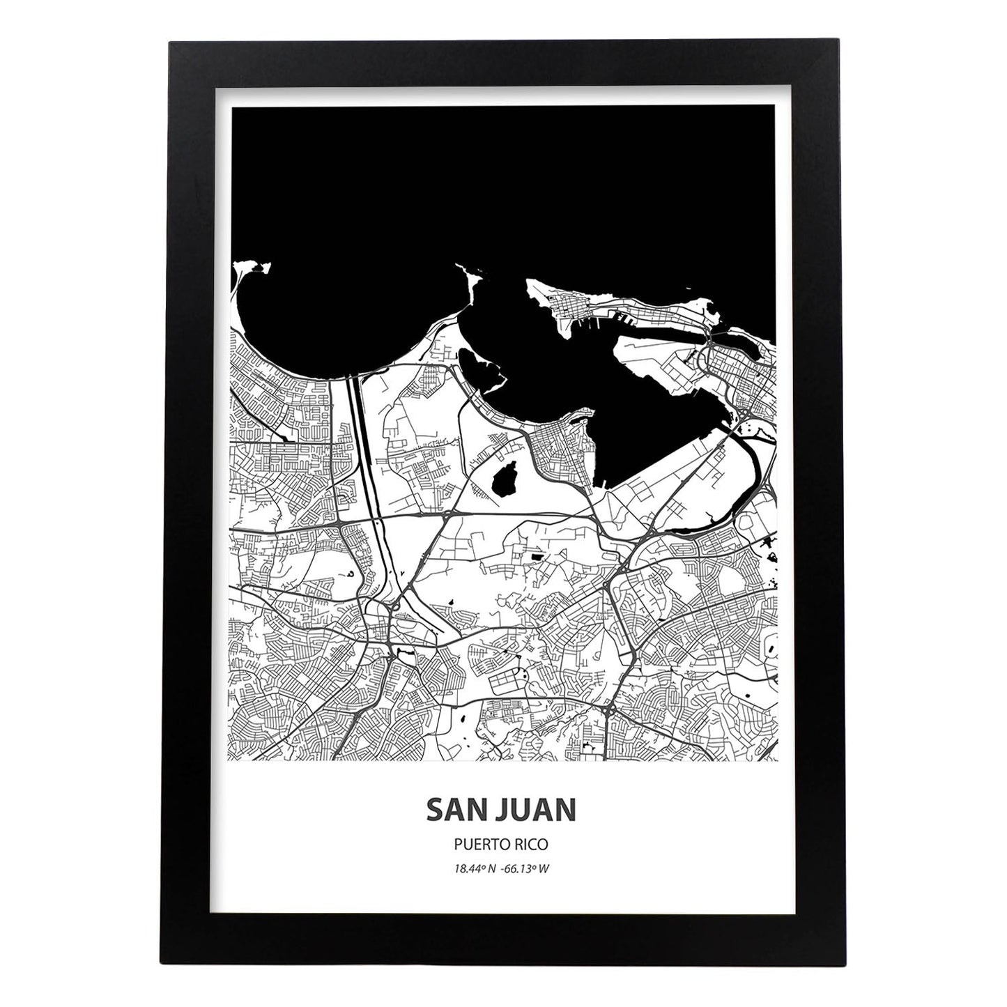 Poster con mapa de San Juan - Puerto Rico. Láminas de ciudades de Latinoamérica con mares y ríos en color negro.-Artwork-Nacnic-A3-Marco Negro-Nacnic Estudio SL