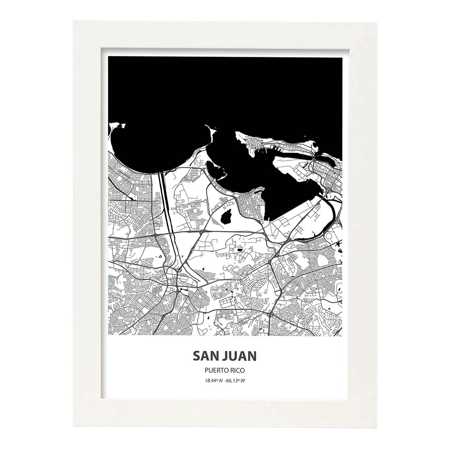 Poster con mapa de San Juan - Puerto Rico. Láminas de ciudades de Latinoamérica con mares y ríos en color negro.-Artwork-Nacnic-A4-Marco Blanco-Nacnic Estudio SL